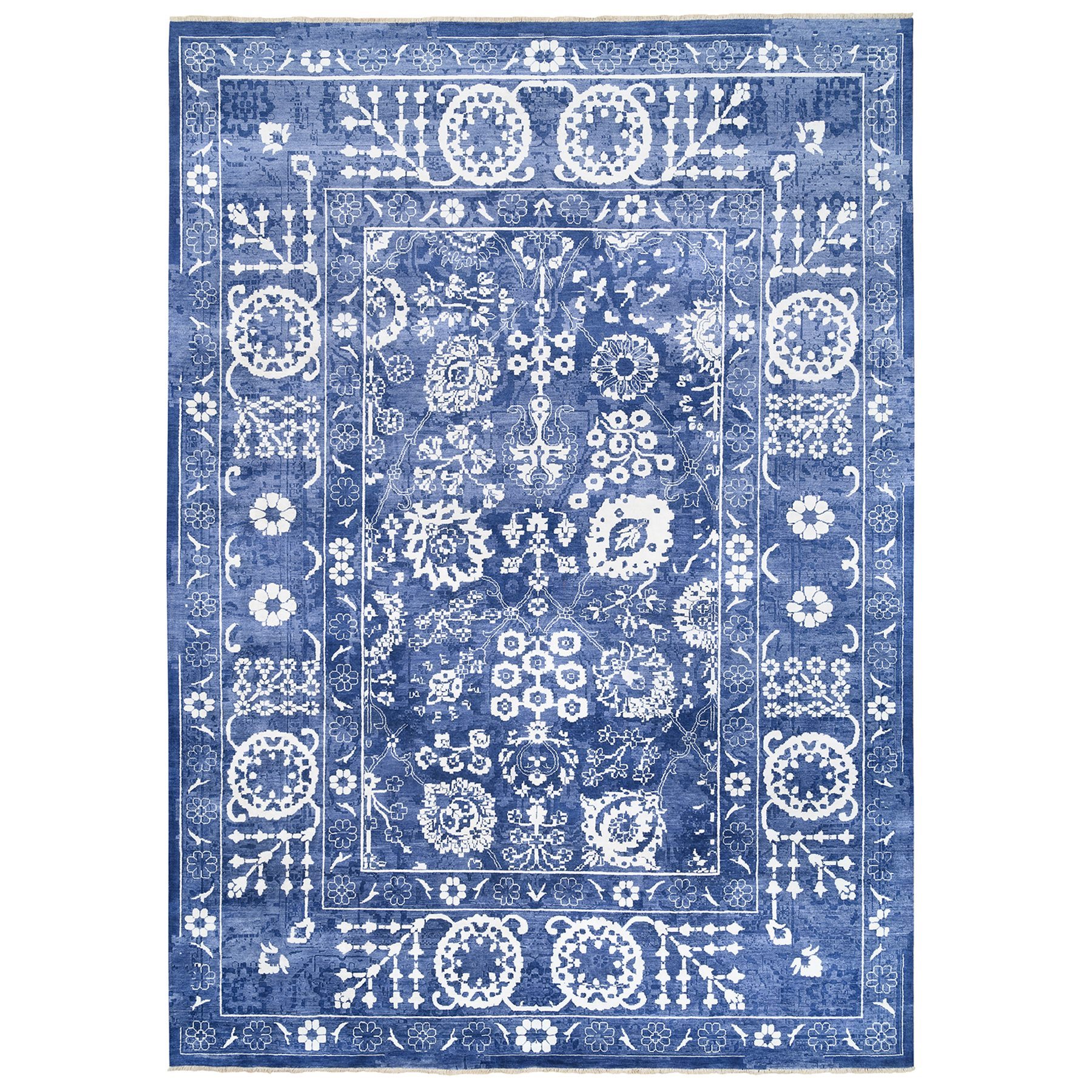 10'x14' Wool and Silk Denim Blue Hand Woven Tone On Tone Tabriz Oriental Rug 
