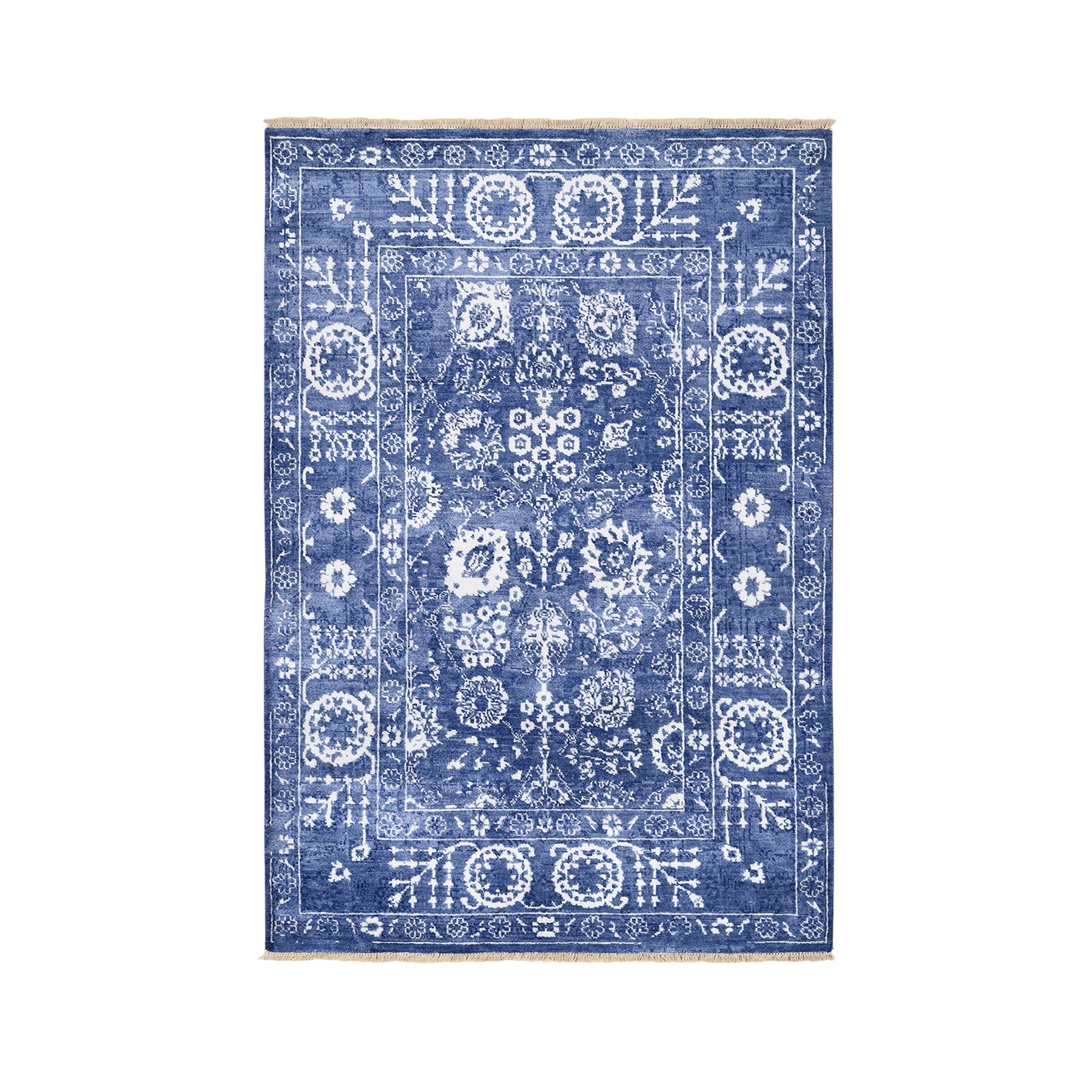 4'1"x6'1" Denim Blue Tone On Tone Tabriz Hand Woven Wool and Silk Oriental Rug 