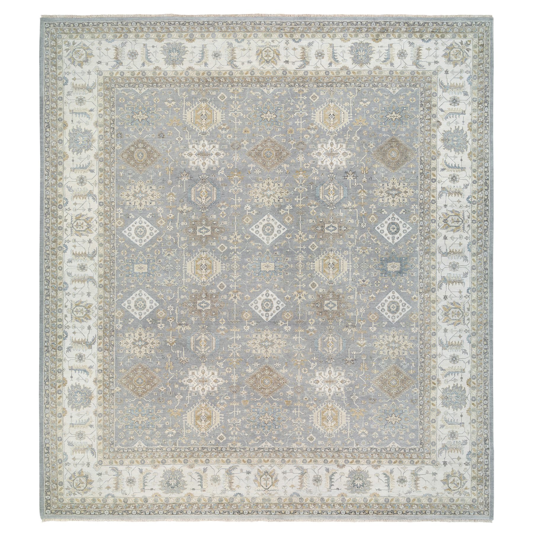 14'x16' Organic Wool Karajeh and Geometric Design Frost Gray Hand Woven Oriental Oversized Squarish Rug 