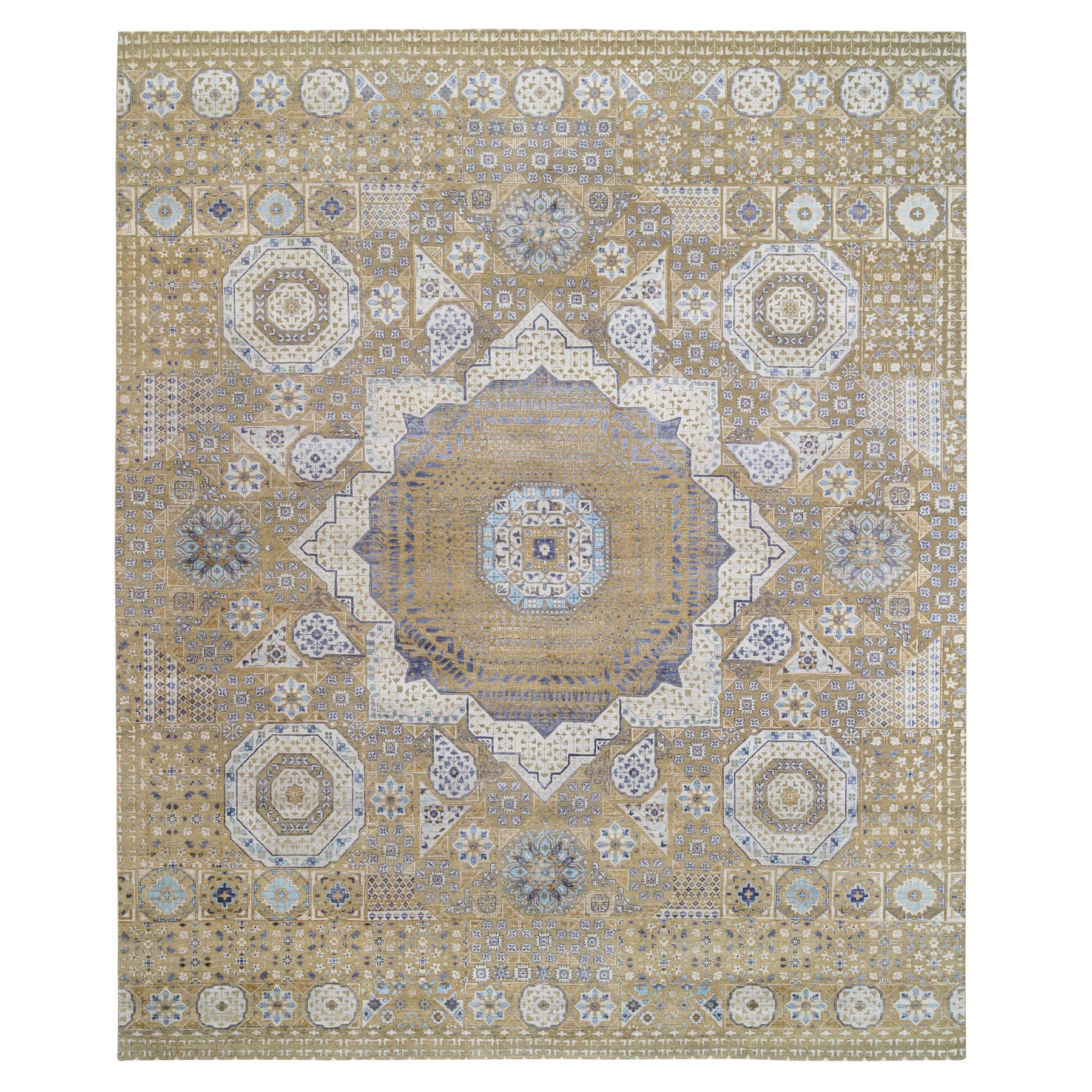 12'3"x15'3" 15th Century Ottoman Mamluk Design Silk with Textured Wool Hi-Low Pile Vintage and Distressed Look Beige Hand Woven Oriental Rug 