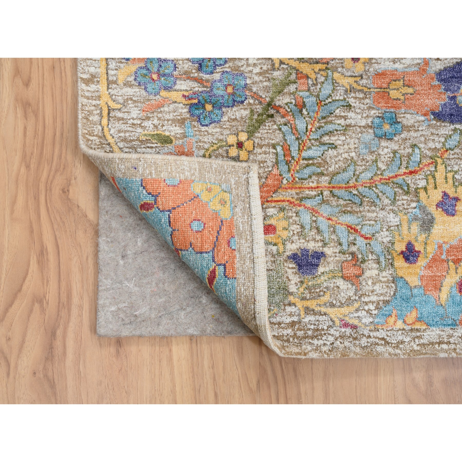 9'1"x12'4" Silk With Textured Wool Hand Woven Tan Sickle Leaf Design Oriental Rug 