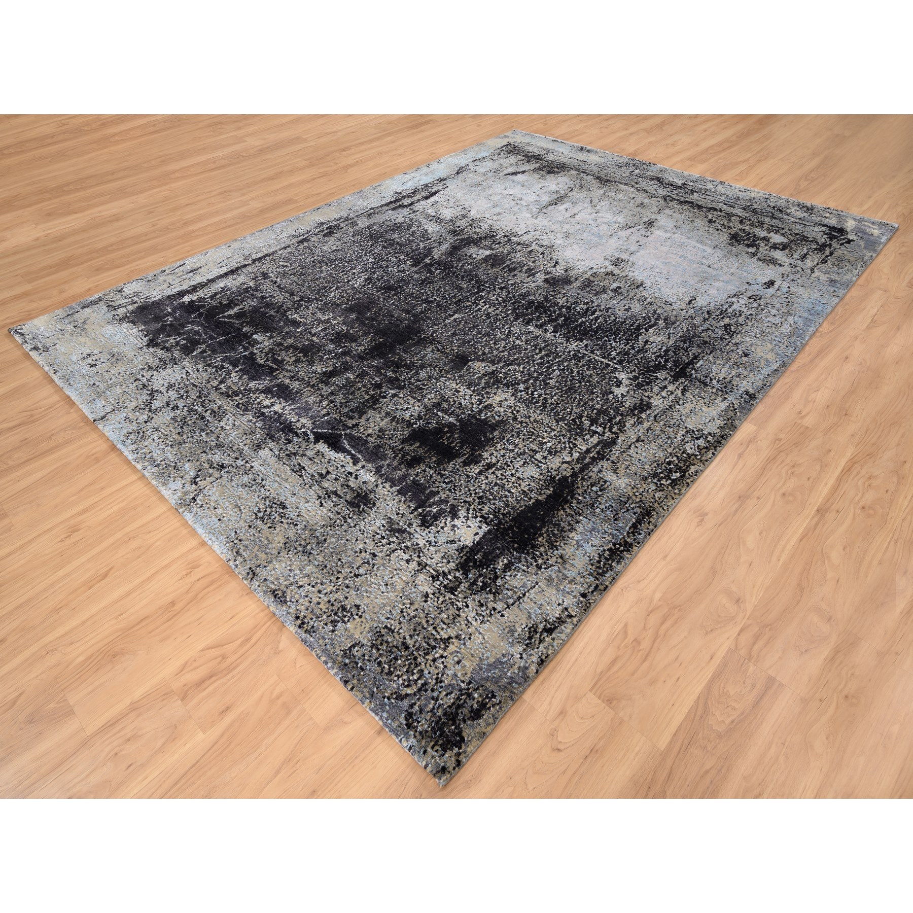 8'10"x12' Black and Gray Wool and Silk Hi-Low Pile Modern Hand Woven Painter's Palette Oriental Rug 