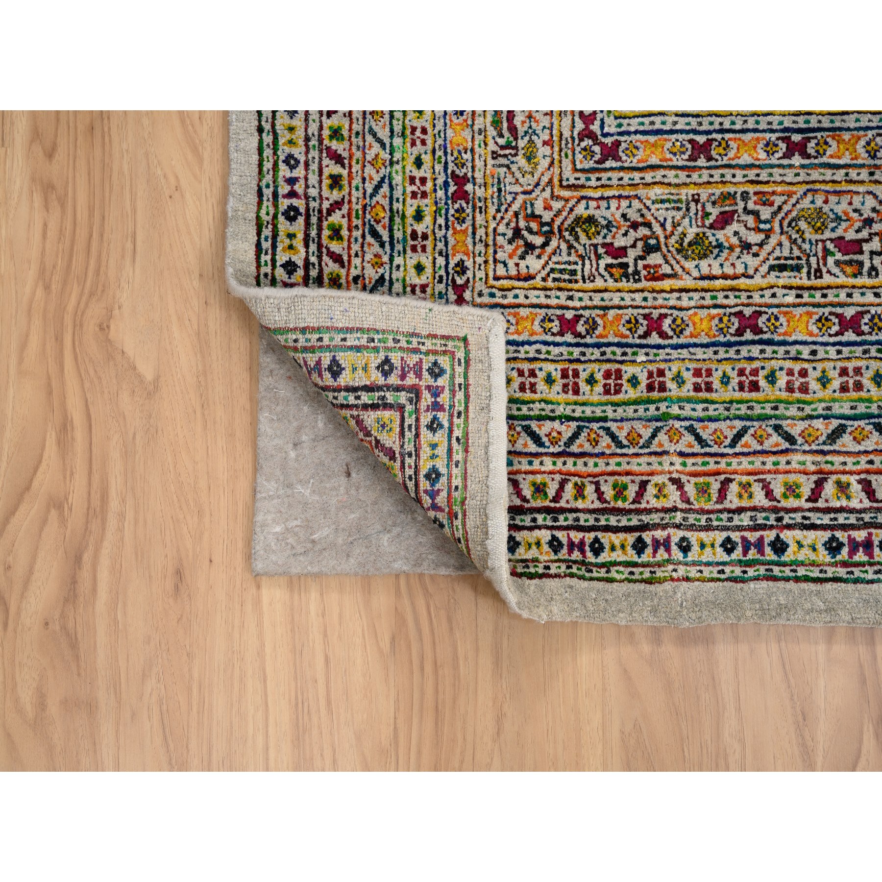 8'8"x12'2" Hand Woven Beige Sarouk Mir Inspired With Repetitive Boteh Design Colorful Wool And Sari Silk Oriental Rug 
