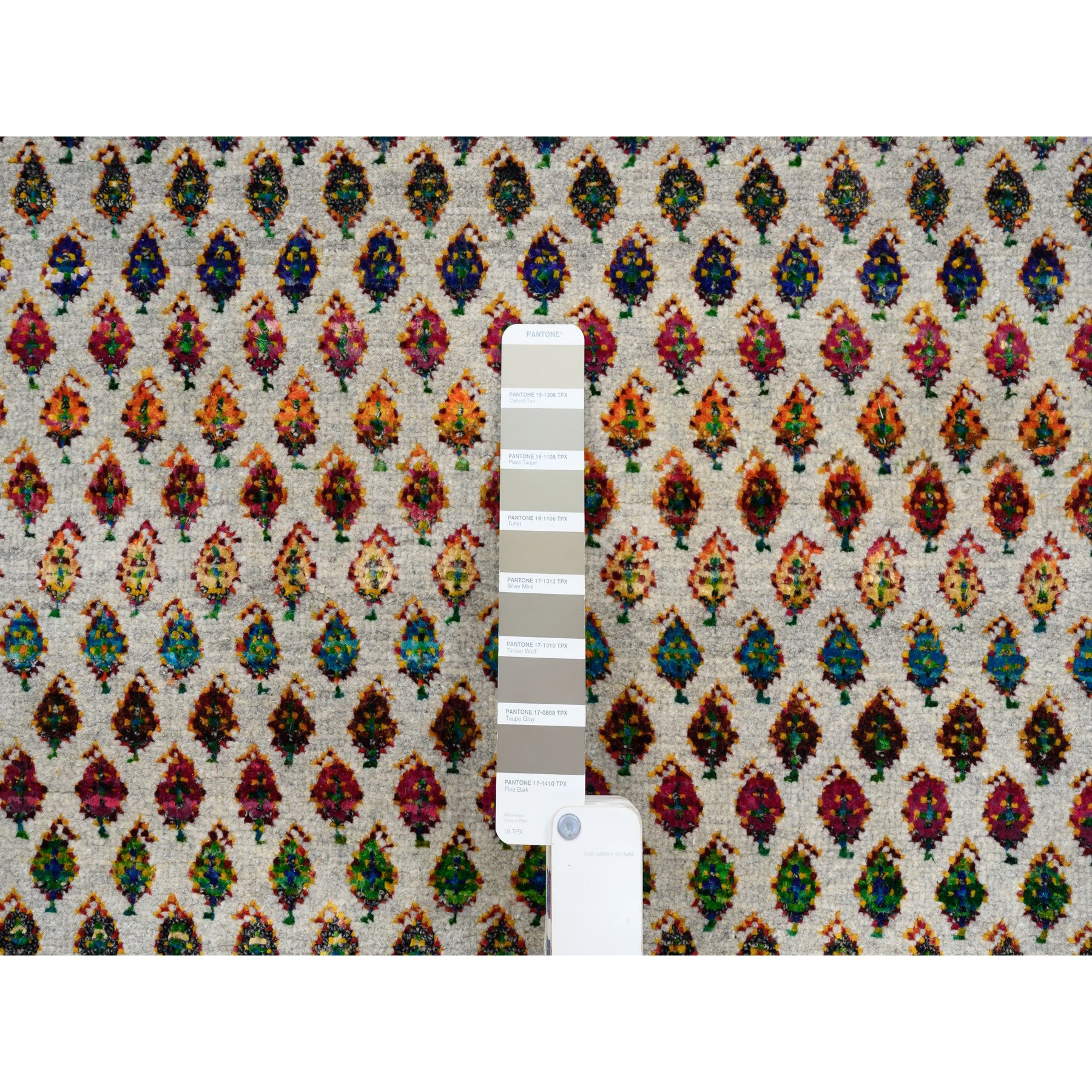 8'8"x12'2" Hand Woven Beige Sarouk Mir Inspired With Repetitive Boteh Design Colorful Wool And Sari Silk Oriental Rug 