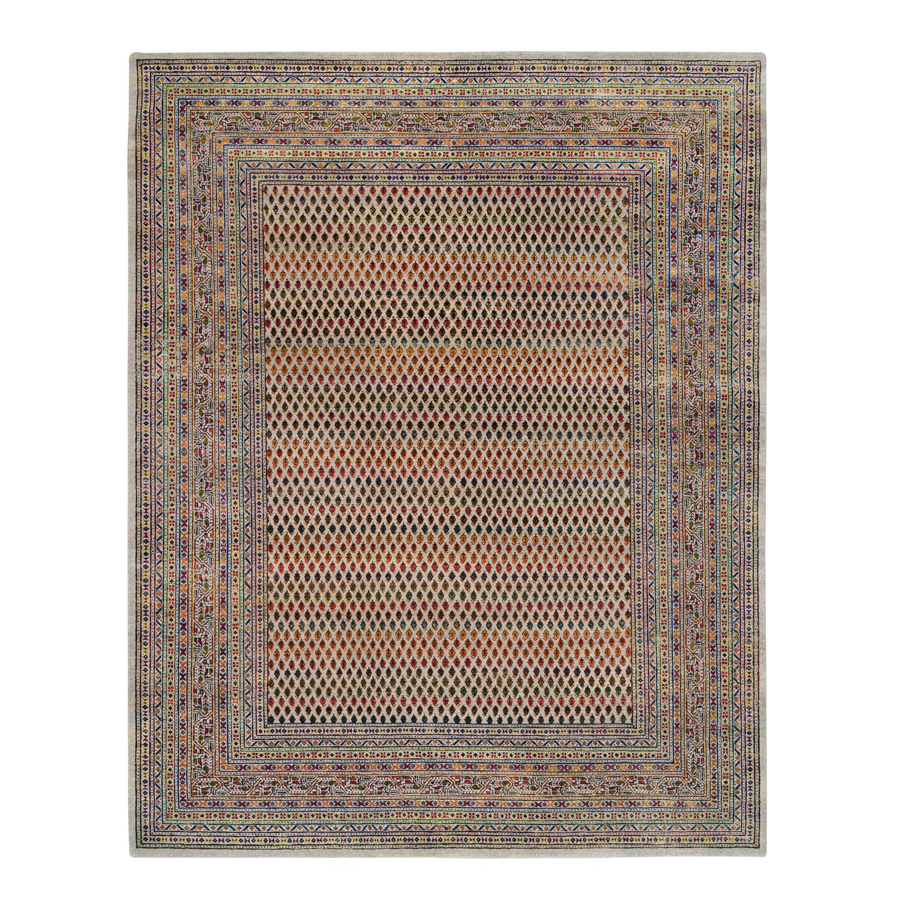 8'x10' Beige Sarouk Mir Inspired With Repetitive Boteh Design Colorful Wool And Sari Silk Hand Woven Oriental Rug 