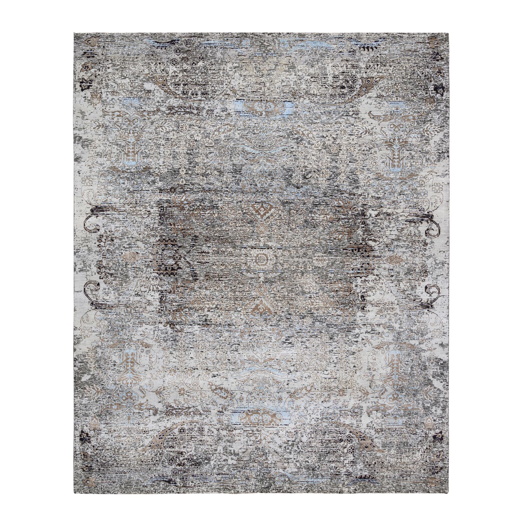 8'2"x9'10" Silk with Textured Wool Transitional Persian Influence Erased Medallion Design Hand Woven Oriental Rug 