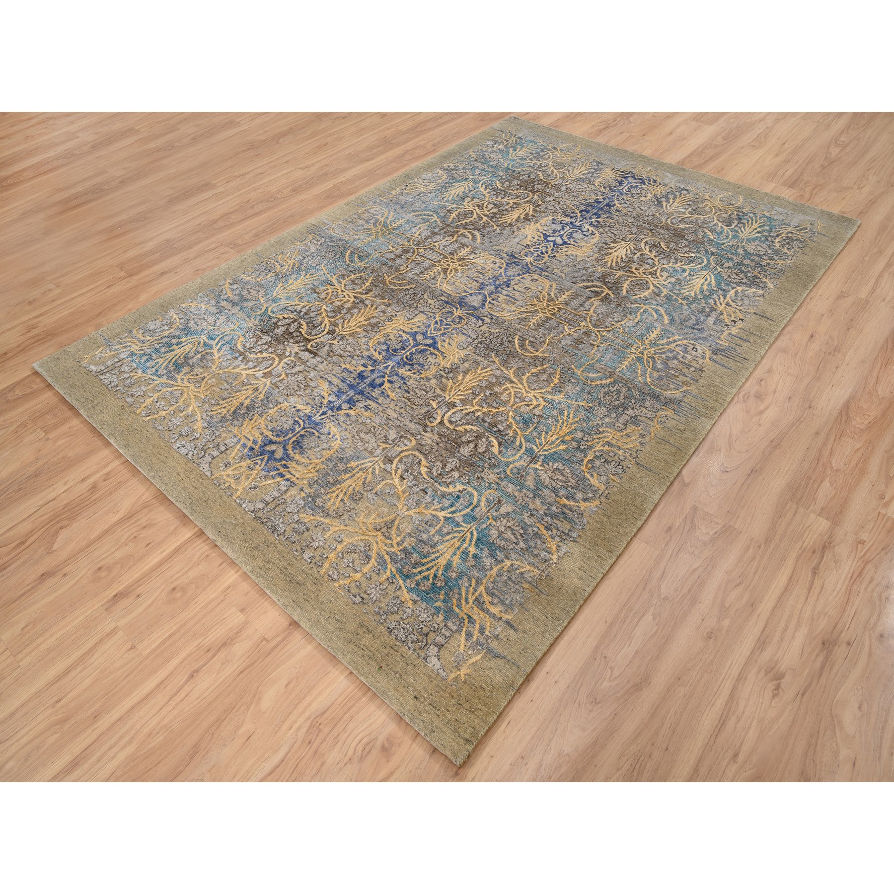 6'3"x9'2" Gold Brown, Transitional Sarouk Silk With Textured Wool Hand Woven Oriental Rug 