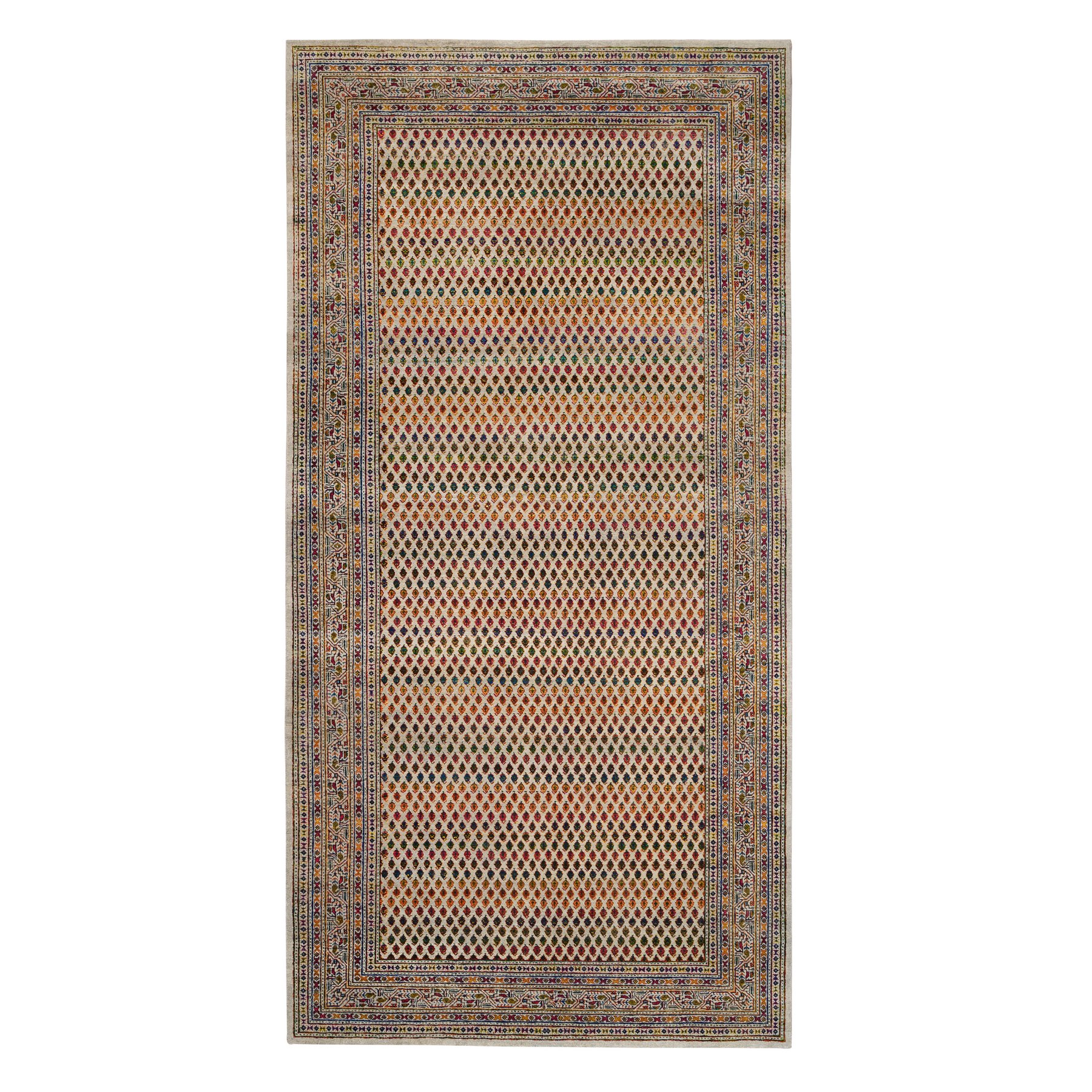 5'9"x12' Sarouk Mir Inspired With Repetitive Boteh Design Colorful Wool And Sari Silk Hand Woven Beige Wide Gallery Size Runner Oriental Rug 