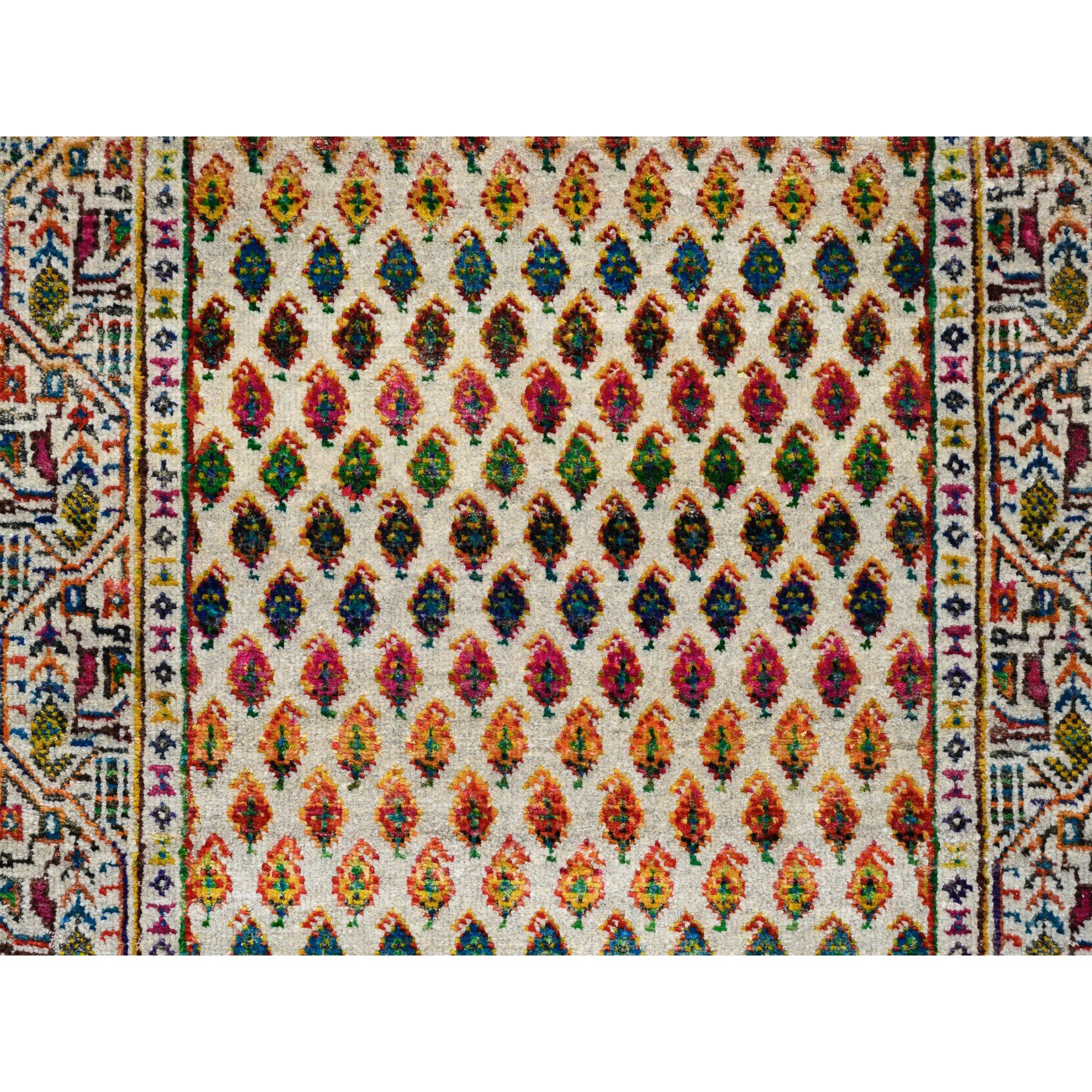 2'5"x12' Beige Sarouk Mir Inspired With Repetitive Boteh Design Colorful Wool And Sari Silk Hand Woven Oriental Runner Rug 