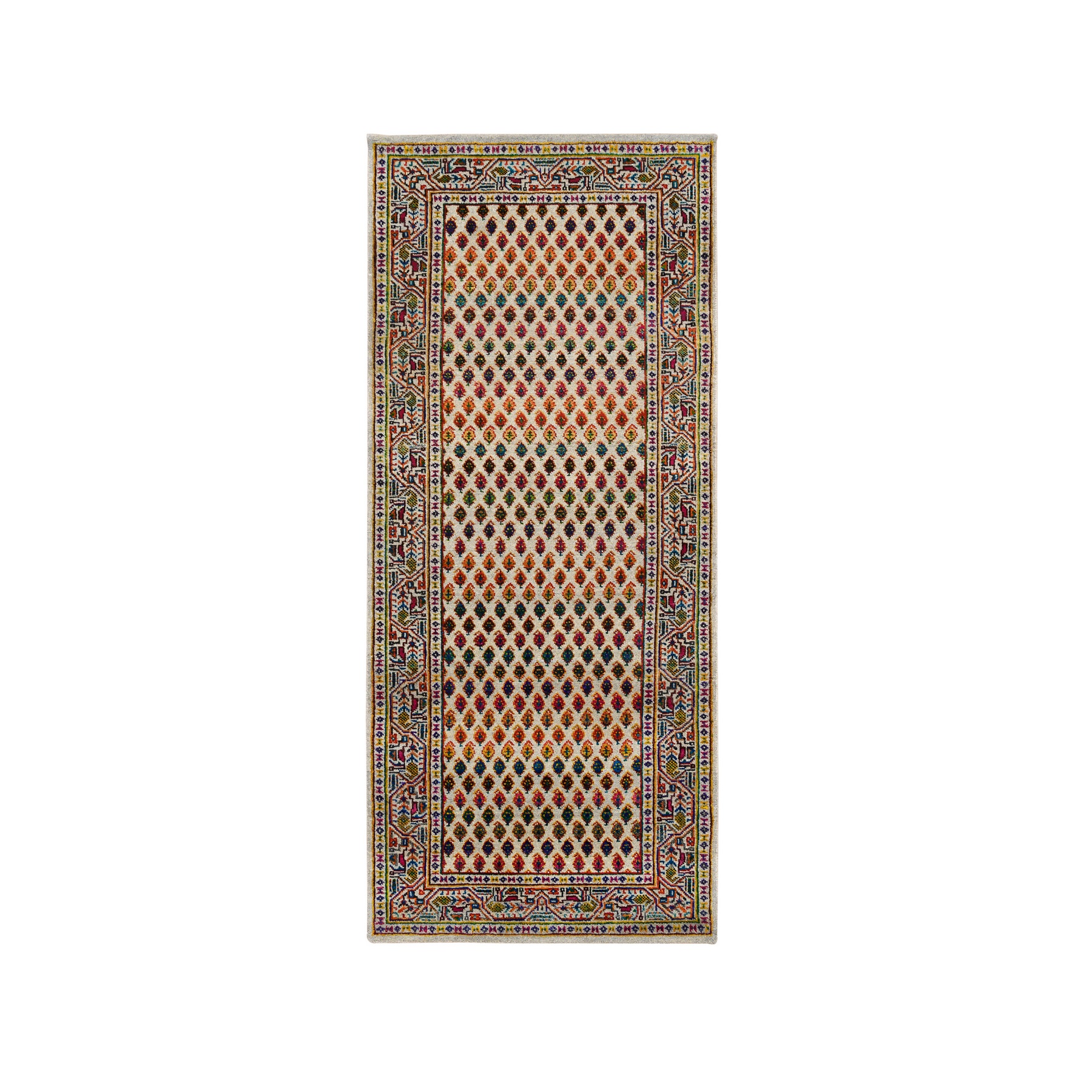 2'6"x6' Colorful Wool And Sari Silk Hand Woven Beige Sarouk Mir Inspired With Repetitive Boteh Design Oriental Runner Rug 