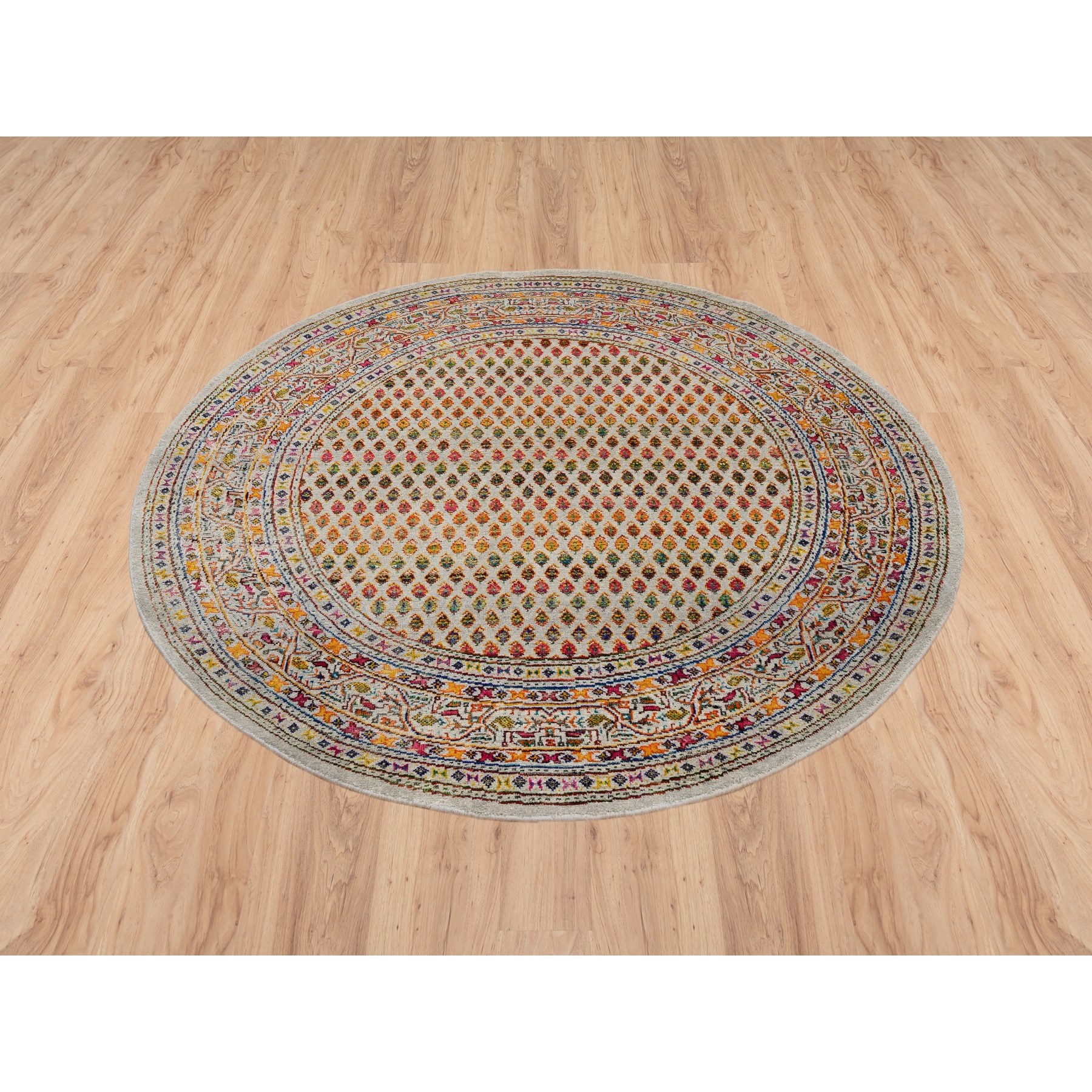 5'2"x5'2" Colorful Wool And Sari Silk Hand Woven Beige Sarouk Mir Inspired With Repetitive Boteh Design Oriental Round Rug 