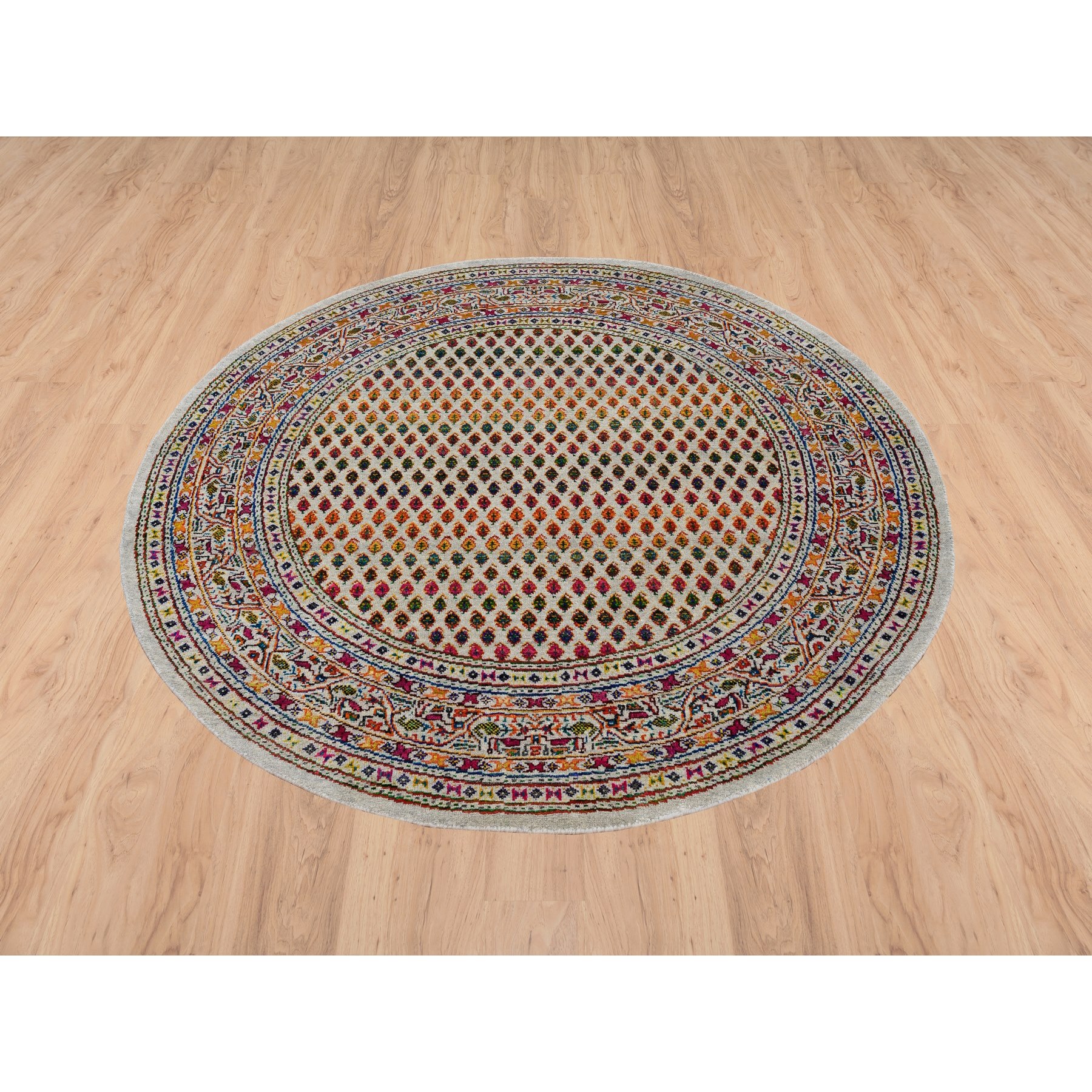 5'x5' Beige Sarouk Mir Inspired With Repetitive Boteh Design Colorful Wool And Sari Silk Hand Woven Oriental Round Rug 