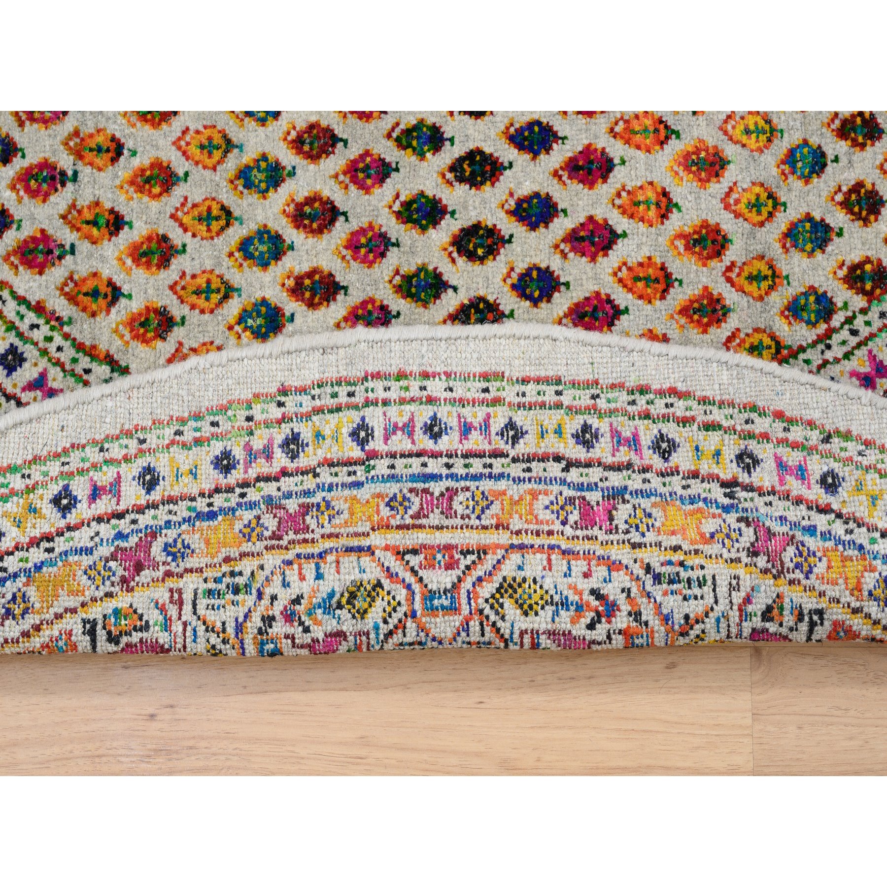 5'x5' Beige Sarouk Mir Inspired With Repetitive Boteh Design Colorful Wool And Sari Silk Hand Woven Oriental Round Rug 
