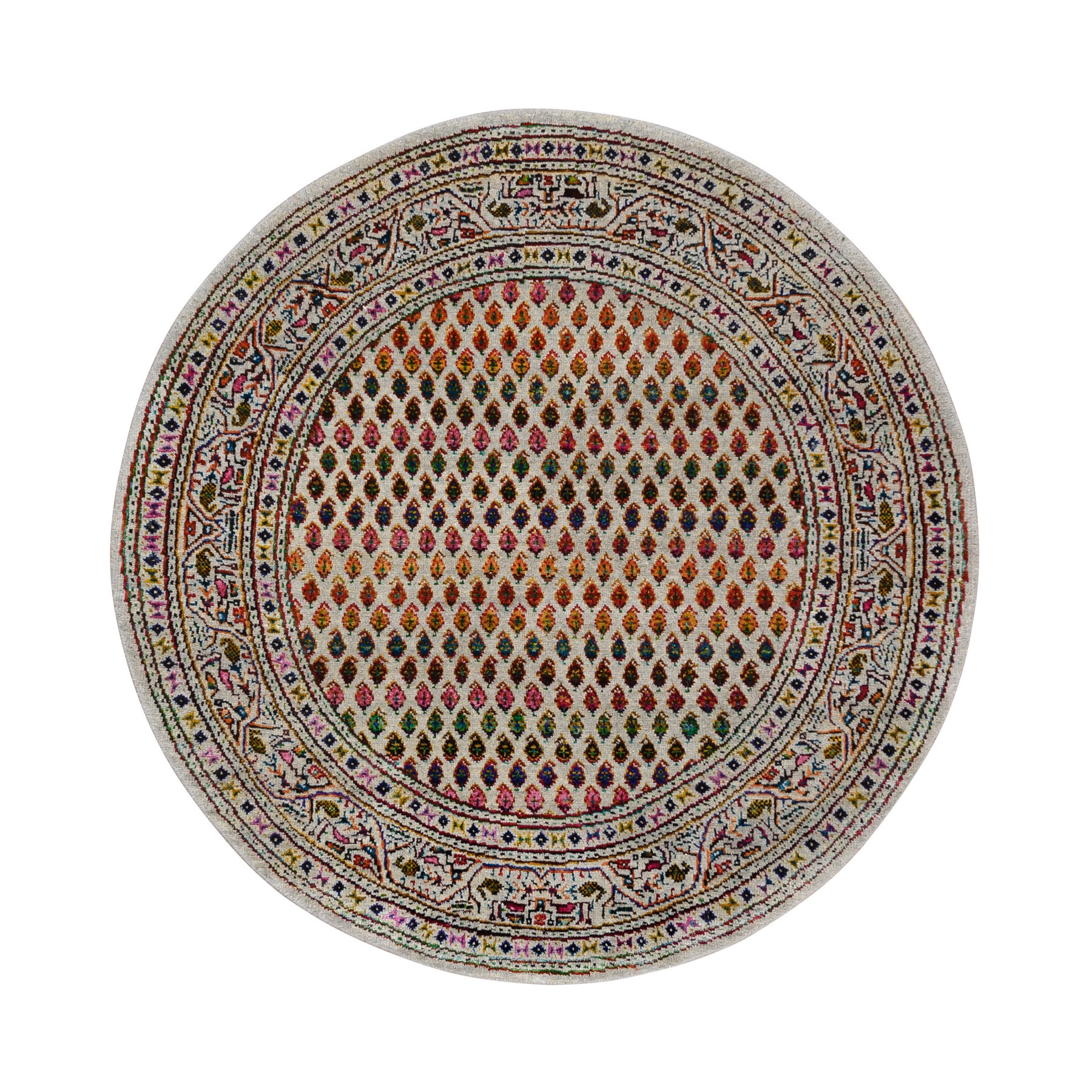 3'10"x3'10" Sarouk Mir Inspired With Repetitive Boteh Design Colorful Wool And Sari Silk Hand Woven Beige Oriental Round Rug 
