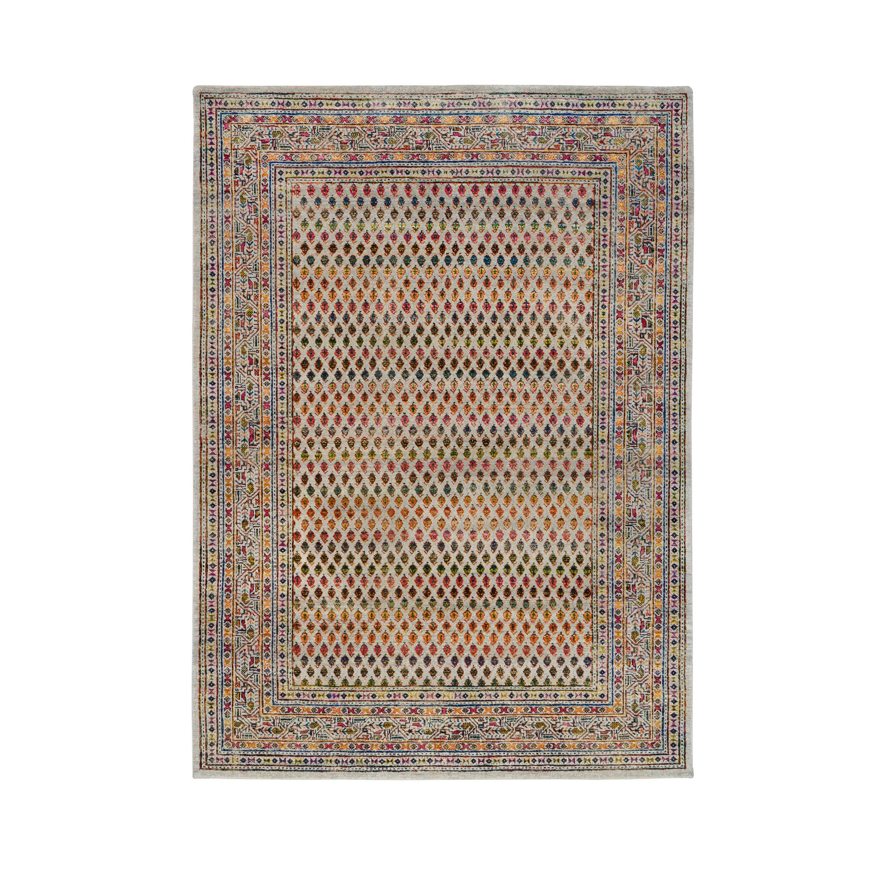 5'x7'1" Colorful Wool And Sari Silk Hand Woven Beige Sarouk Mir Inspired With Repetitive Boteh Design Oriental Rug 