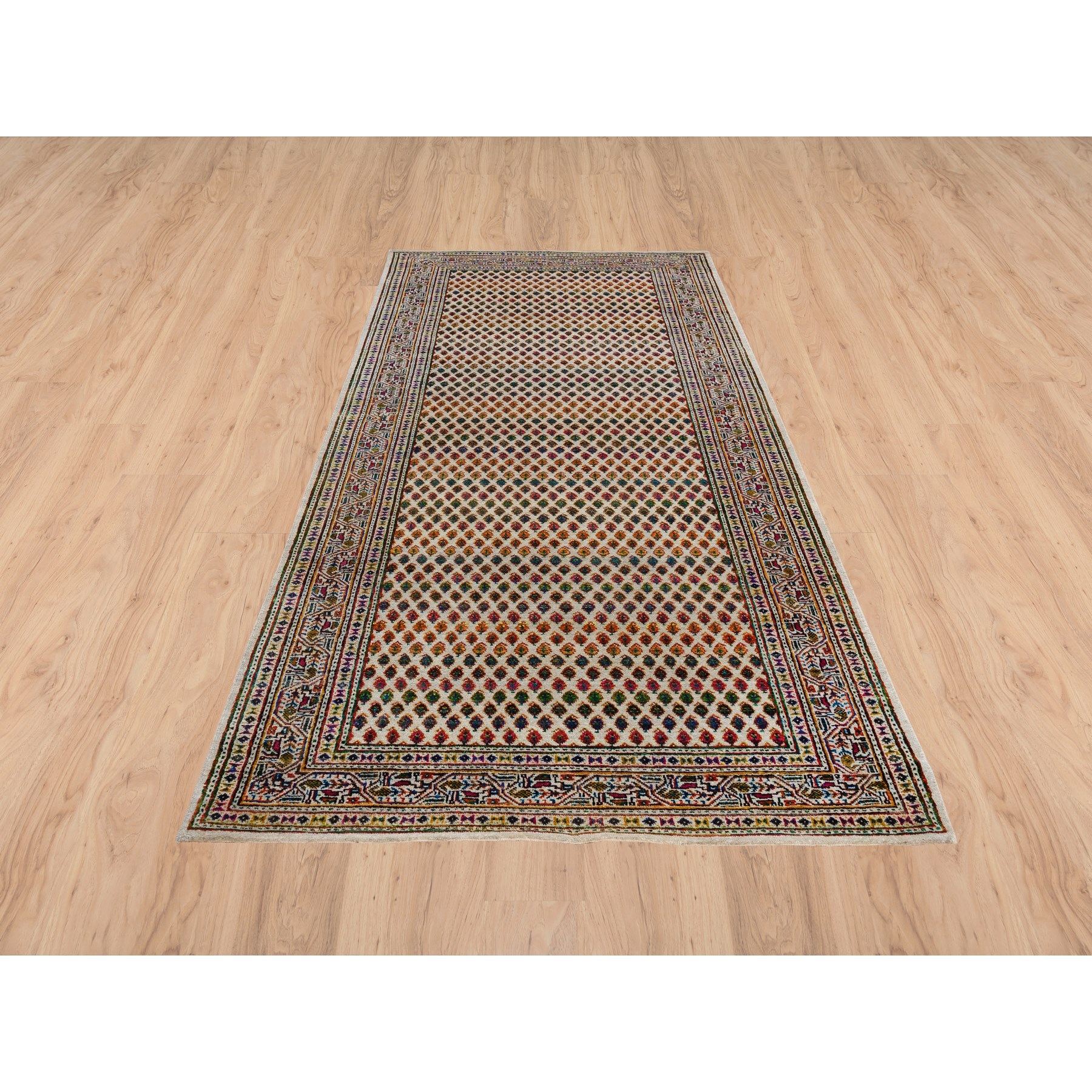 4'x10' Hand Woven Beige Sarouk Mir Inspired With Repetitive Boteh Design Colorful Wool And Sari Silk Oriental Wide Runner Rug 
