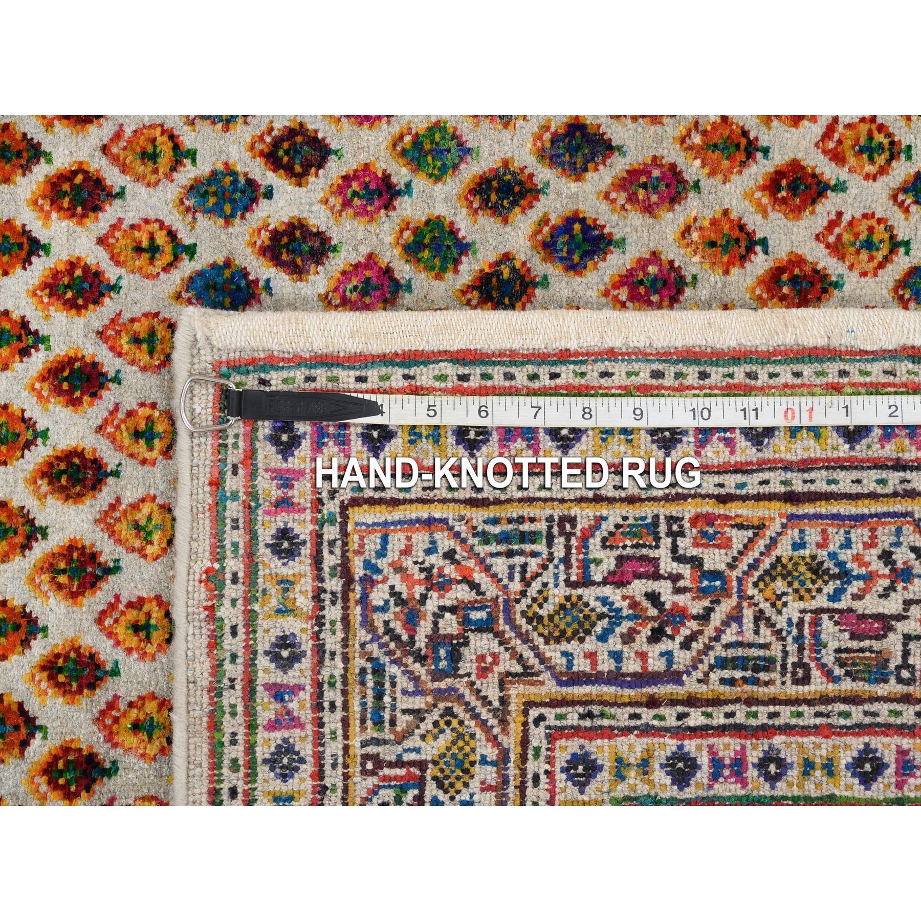 4'x10' Hand Woven Beige Sarouk Mir Inspired With Repetitive Boteh Design Colorful Wool And Sari Silk Oriental Wide Runner Rug 