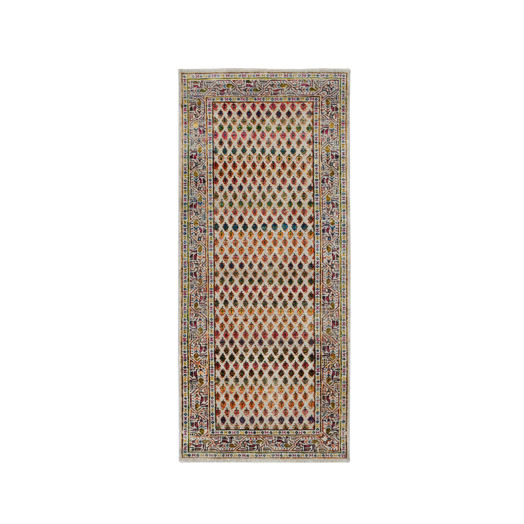 2'6"x6' Sarouk Mir Inspired With Repetitive Boteh Design Colorful Wool And Sari Silk Hand Woven Beige Oriental Runner Rug 