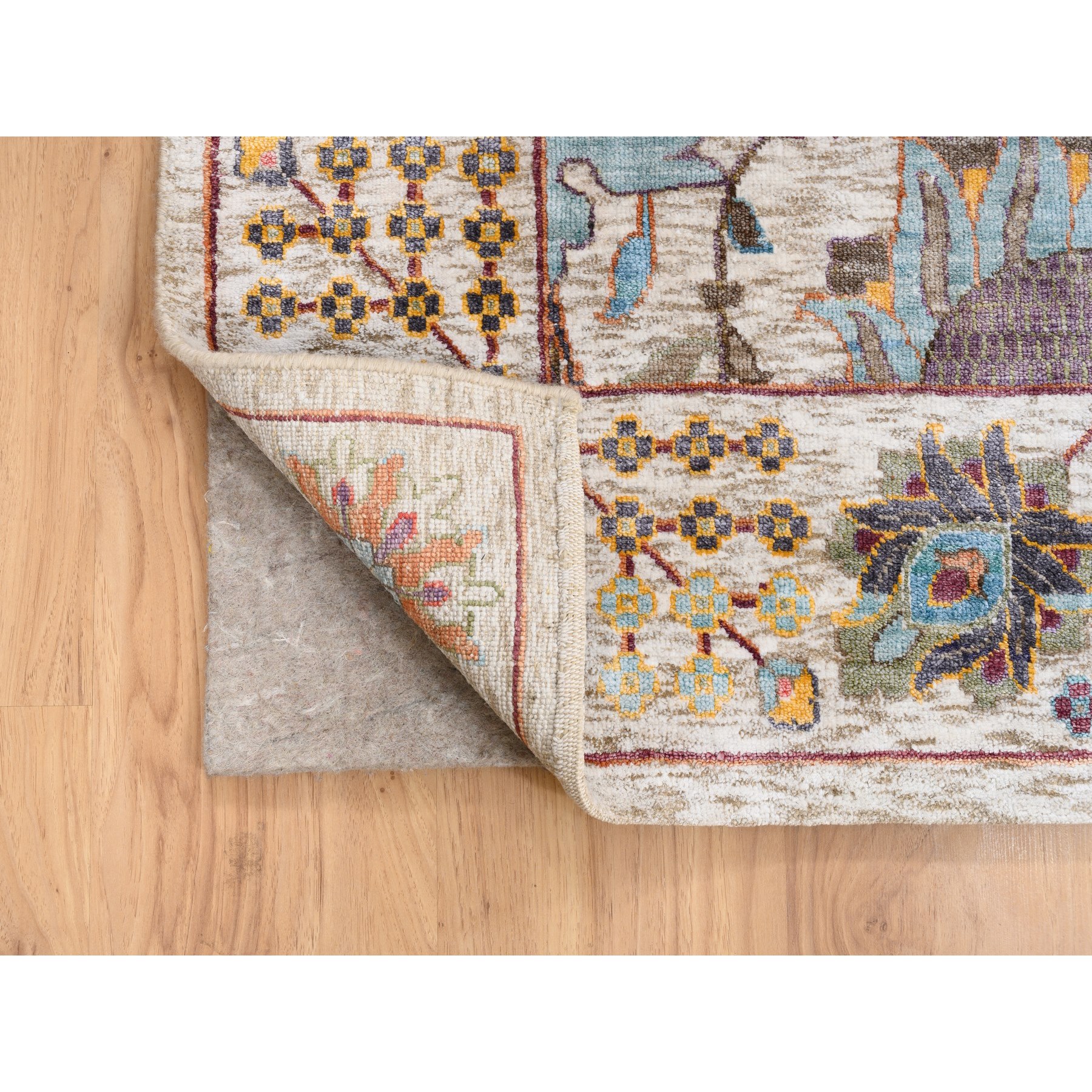 10"1"x10'1" Hand Woven Ivory Tabriz Vase With Flower Design Colorful Silk With Textured Wool Oriental Square Rug 