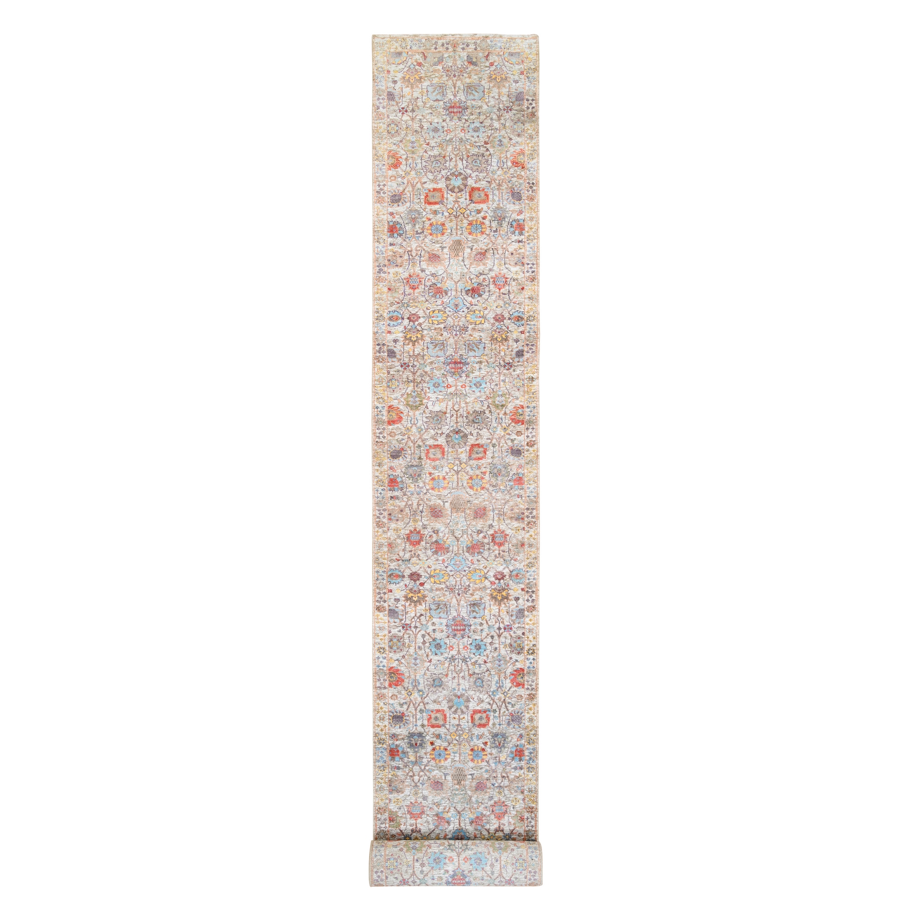 2'8"x23'10" Hand Woven Ivory Tabriz Vase With Flower Design Colorful Silk With Textured Wool Oriental XL Runner Rug 
