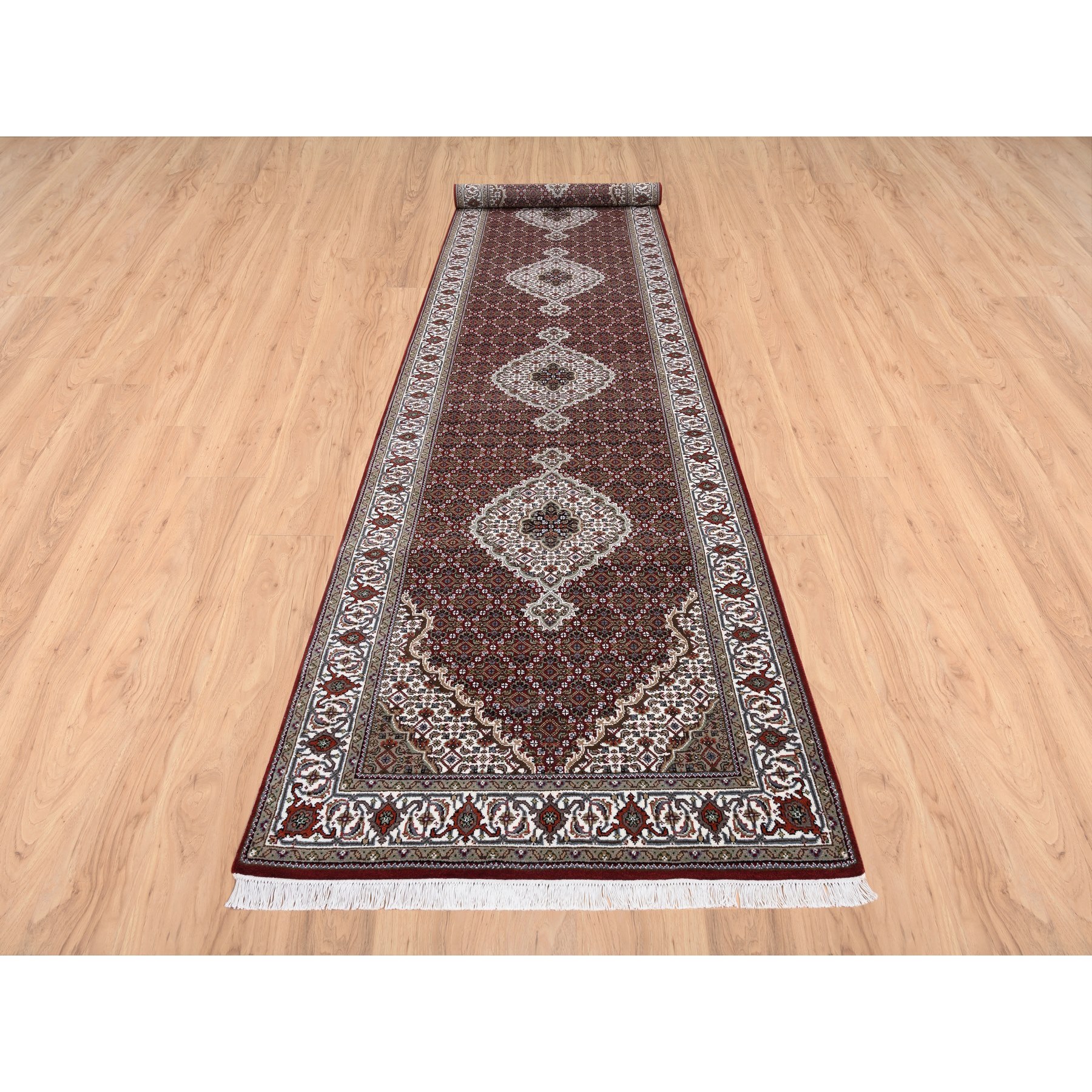 4'1"x16' Red Tabriz Mahi with Fish Medallions Design Wool and Silk Hand Woven Oriental Wide XL Runner Rug 