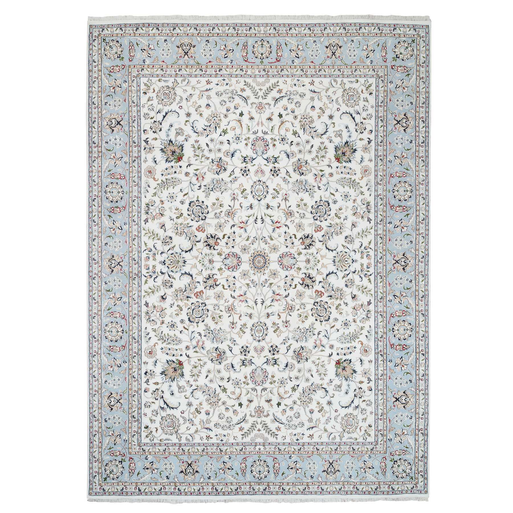 8'10"x12'4" Ivory Nain with All Over Flower Design 250 KPSI Wool and Silk Hand Woven Oriental Rug 