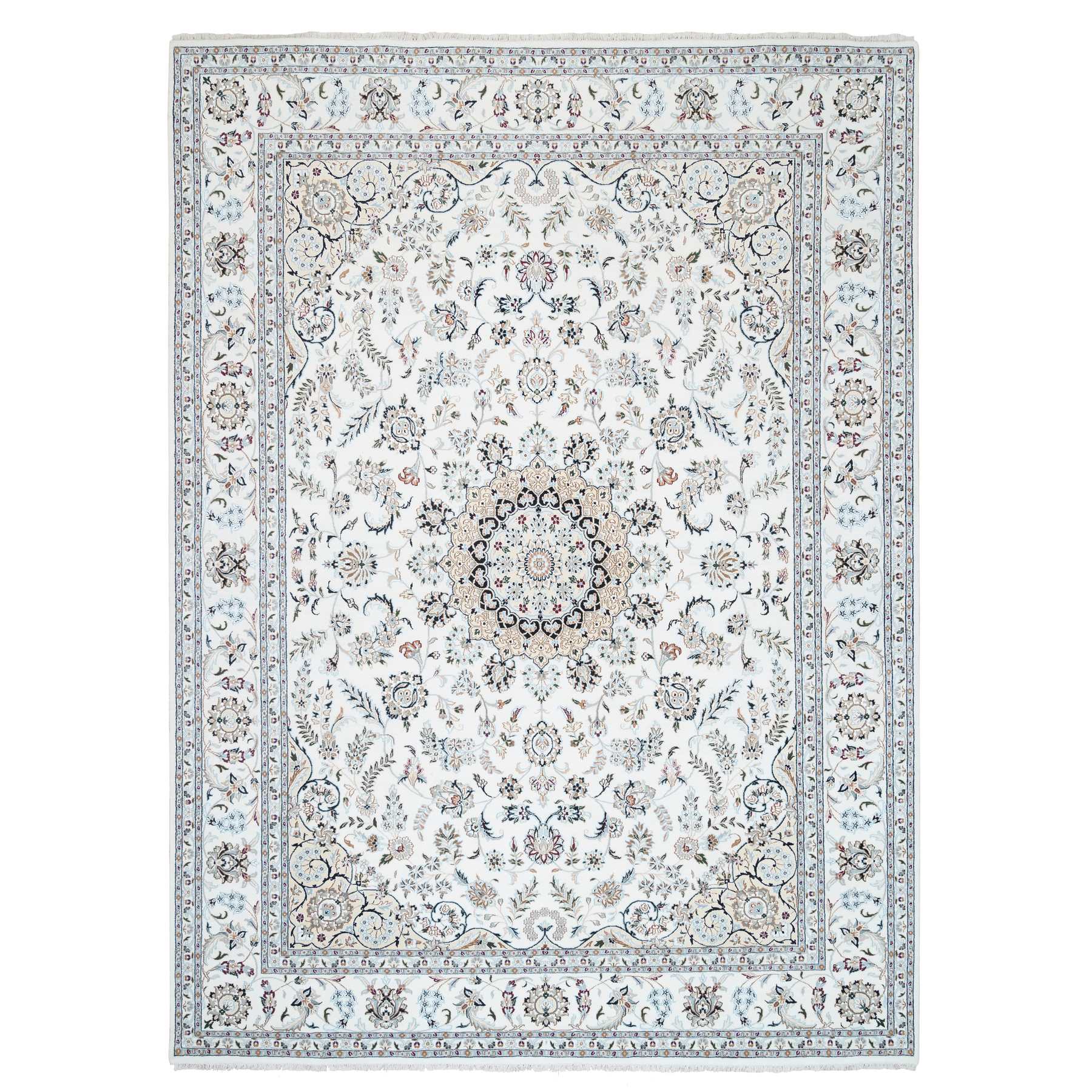 9'3"x12'4" Ivory Nain with Flower and Medallion Design Wool and Silk 250 KPSI Hand Woven Oriental Rug 