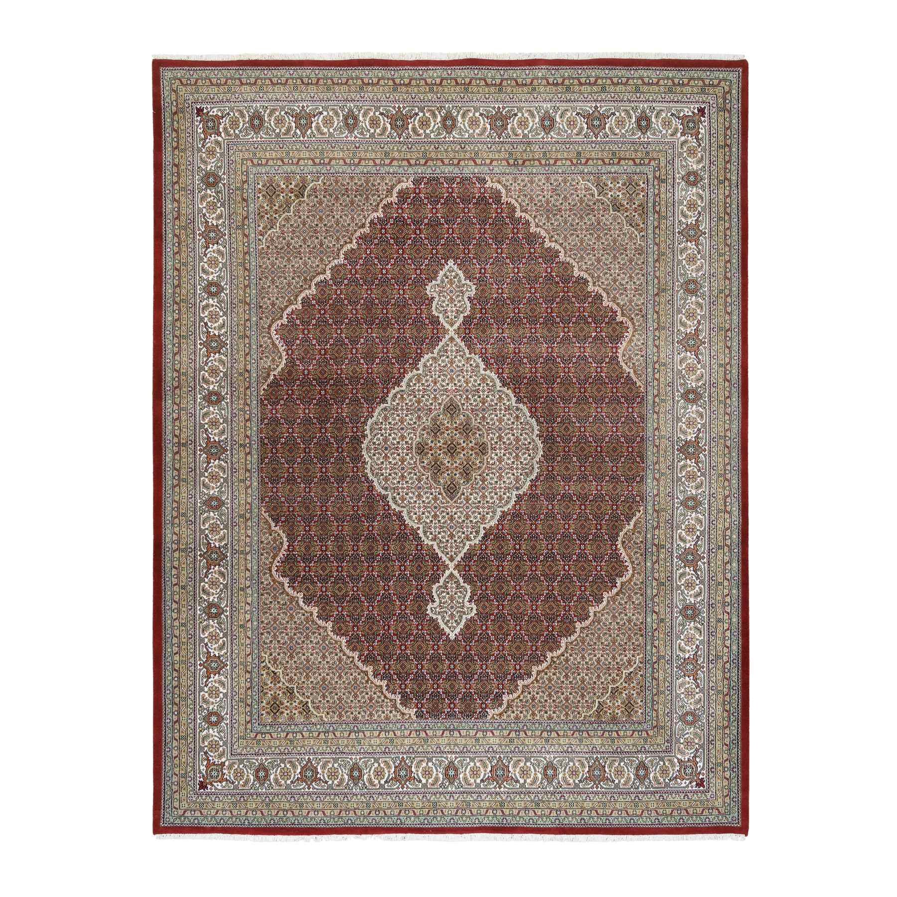7'10"x10' Wool and Silk 175 KPSI Hand Woven Deep Red Tabriz Mahi with Fish Medallion Design Oriental Rug 