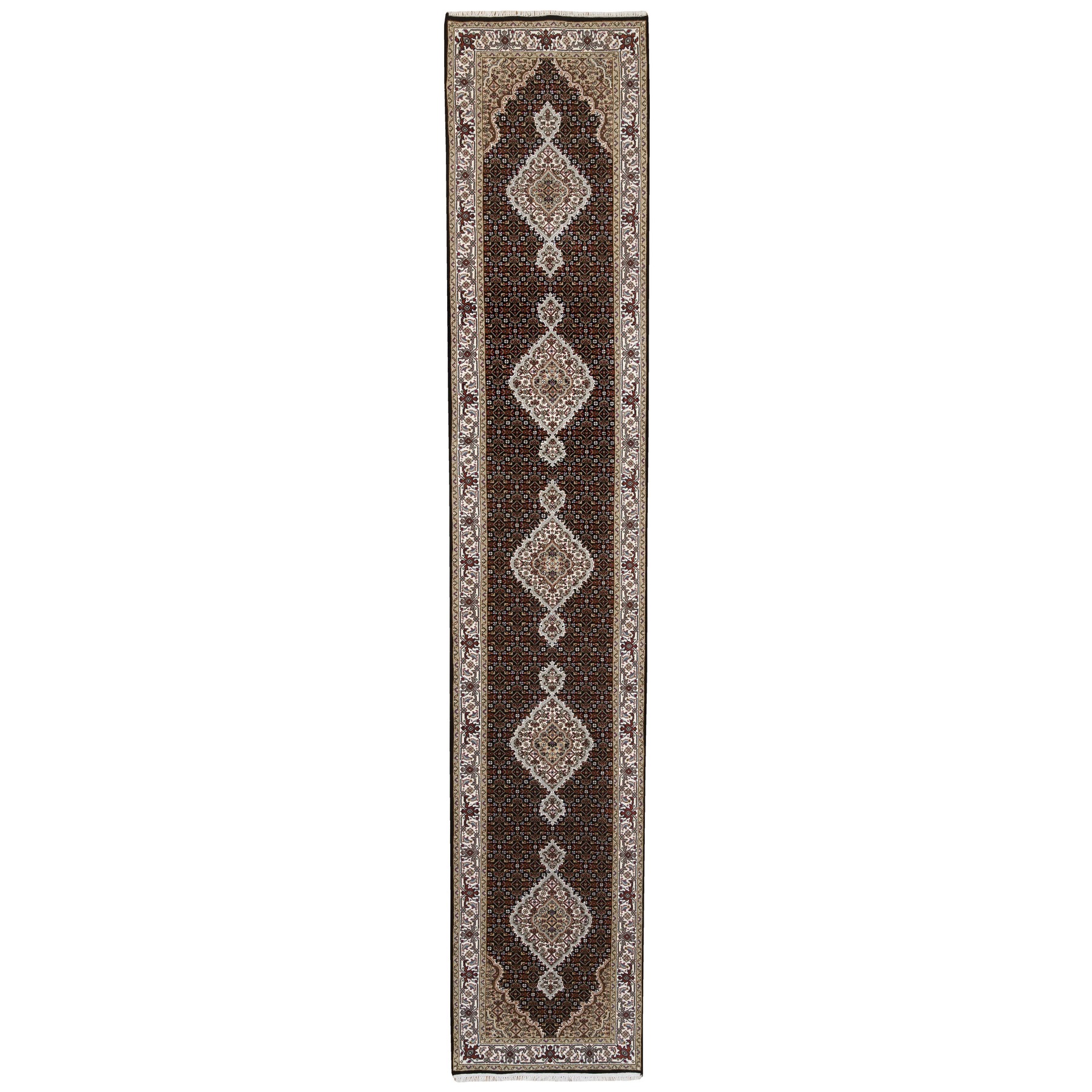2'7"x14'2" 175 KPSI Hand Woven Rich Black Tabriz Mahi with Fish Medallions Design Wool and Silk Oriental Runner Rug 