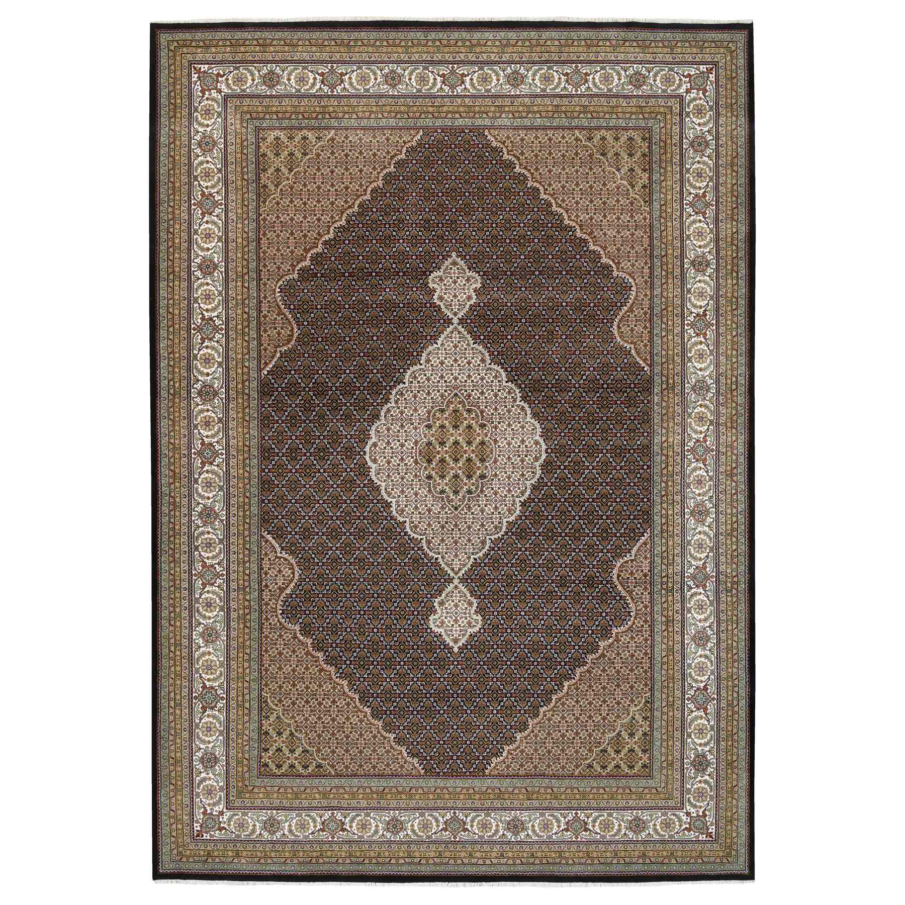 10'x14'2" Rich Black Tabriz Mahi with Fish Medallion Design Wool and Silk 175 KPSI Hand Woven Oriental Rug 