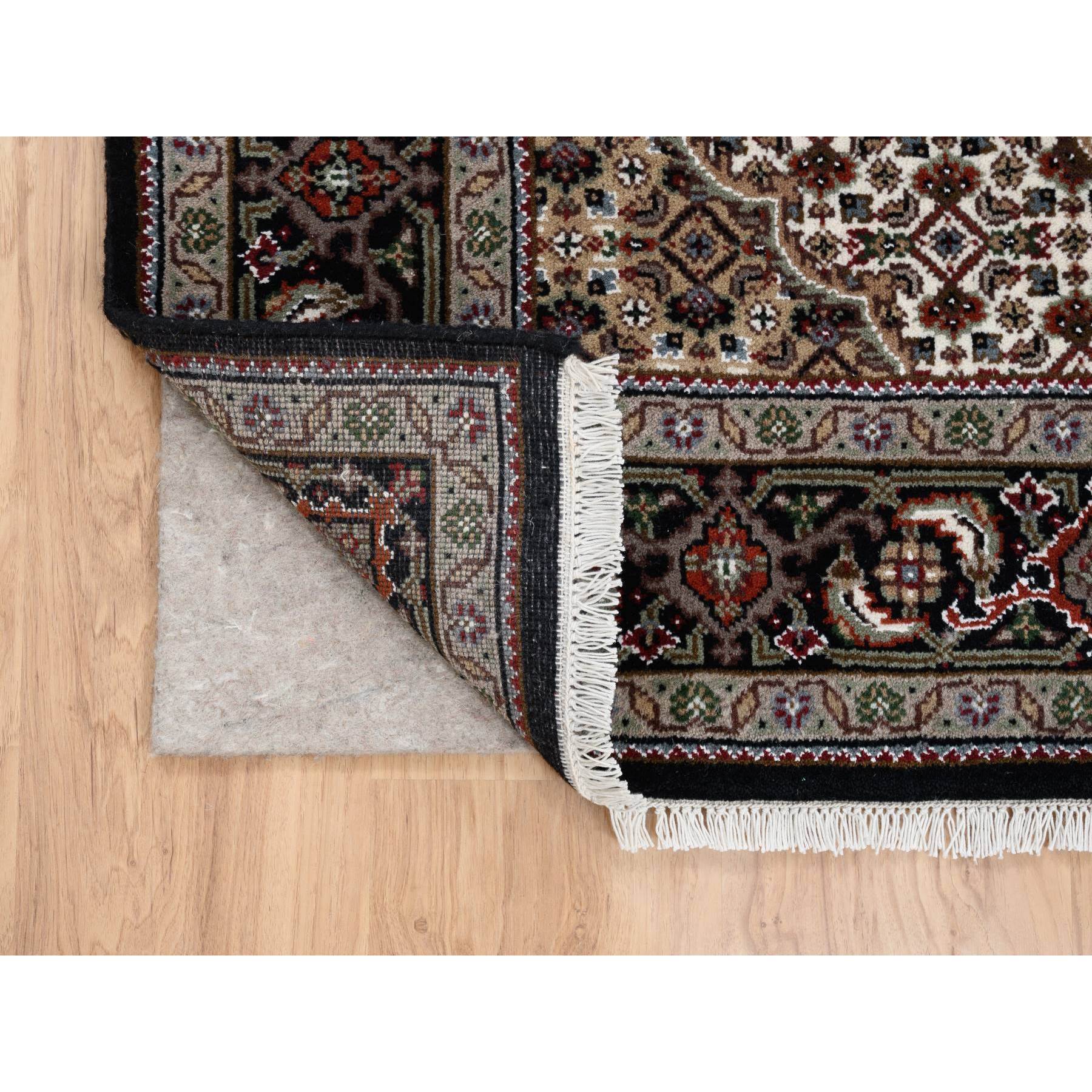 5'x8'2" Tabriz Mahi with Fish Medallion Design Wool and Silk 175 KPSI Hand Woven Rich Black Oriental Rug 
