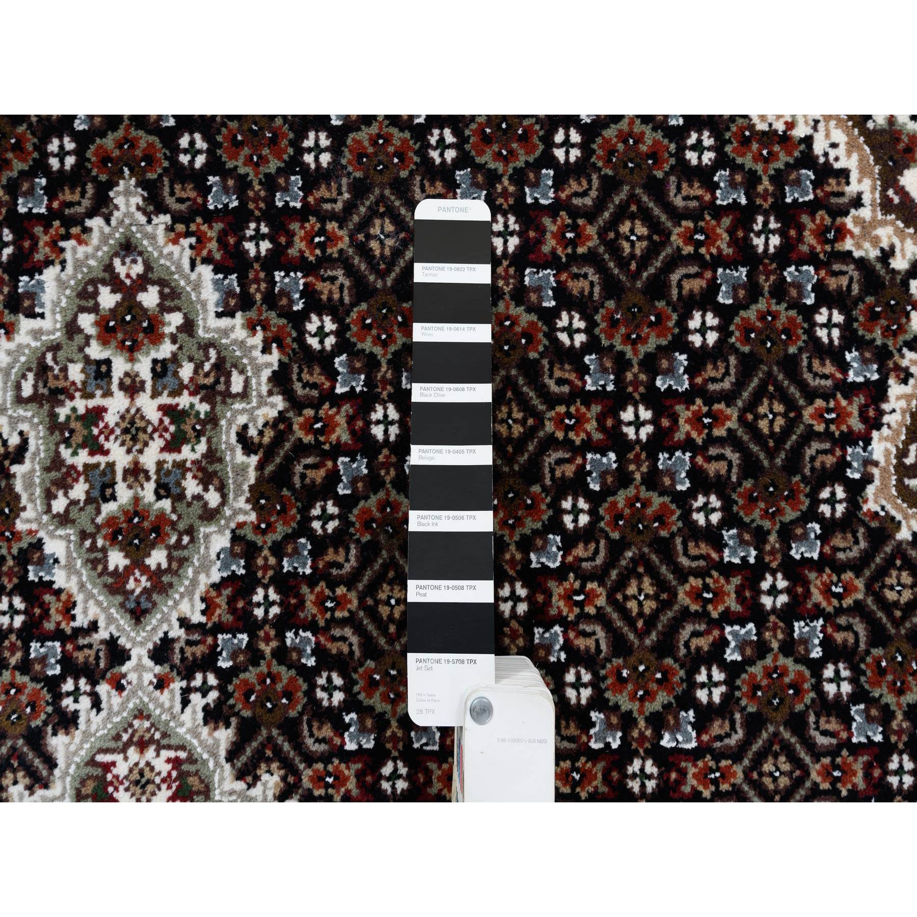 5'x8'2" Tabriz Mahi with Fish Medallion Design Wool and Silk 175 KPSI Hand Woven Rich Black Oriental Rug 