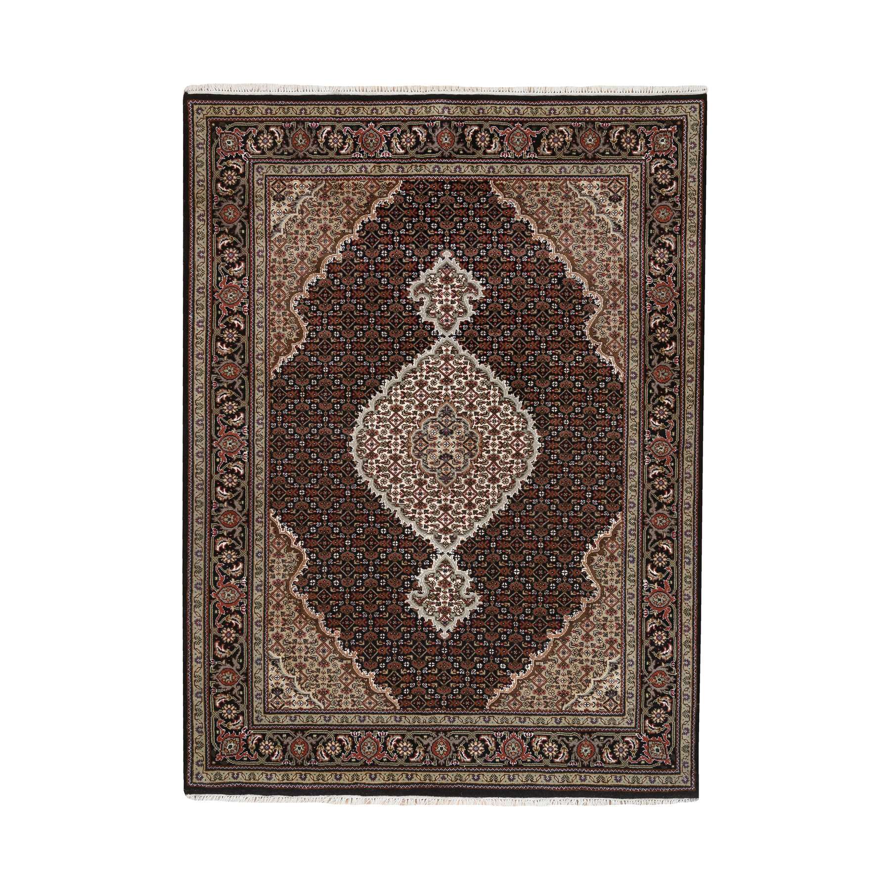 5'x7' Wool and Silk 175 KPSI Hand Woven Rich Black Tabriz Mahi with Fish Medallion Design Oriental Rug 