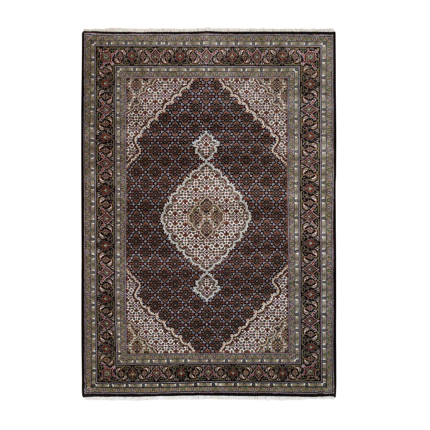 6'x8'8" Hand Woven Rich Black Tabriz Mahi with Fish Medallion Design Wool and Silk 175 KPSI Oriental Rug 