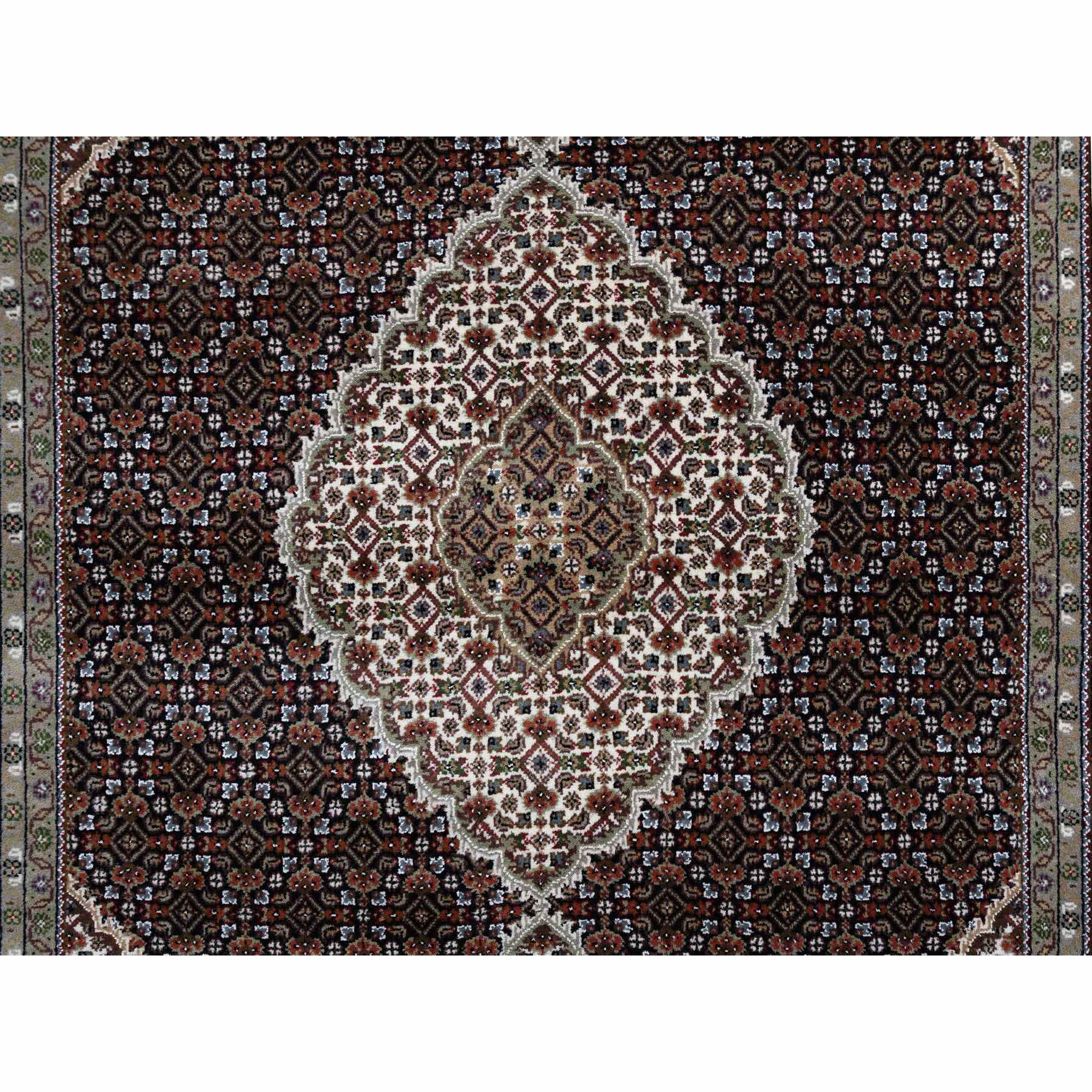 6'x8'8" Hand Woven Rich Black Tabriz Mahi with Fish Medallion Design Wool and Silk 175 KPSI Oriental Rug 