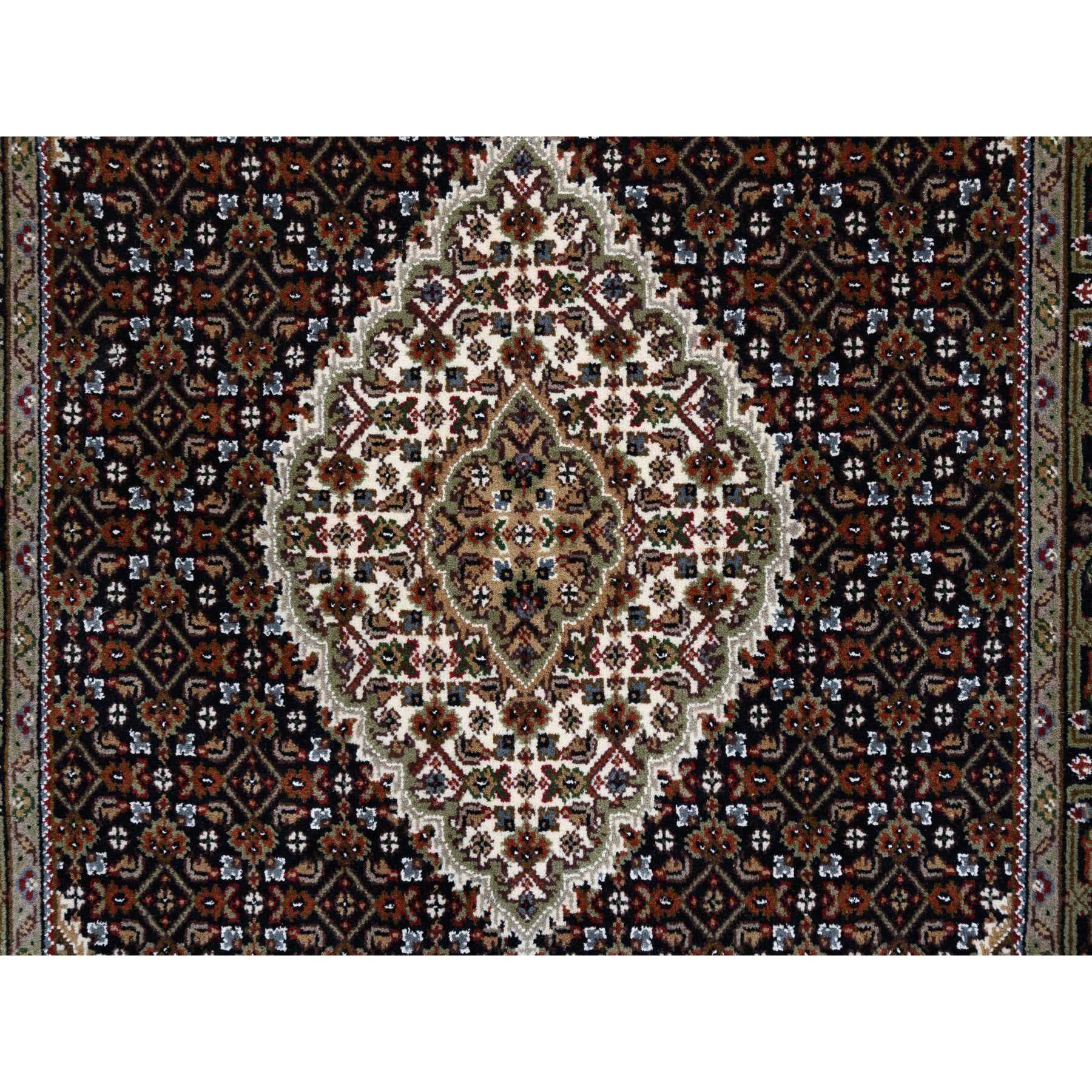 4'x6'3" Rich Black Tabriz Mahi with Fish Medallion Design Wool and Silk 175 KPSI Hand Woven Oriental Rug 
