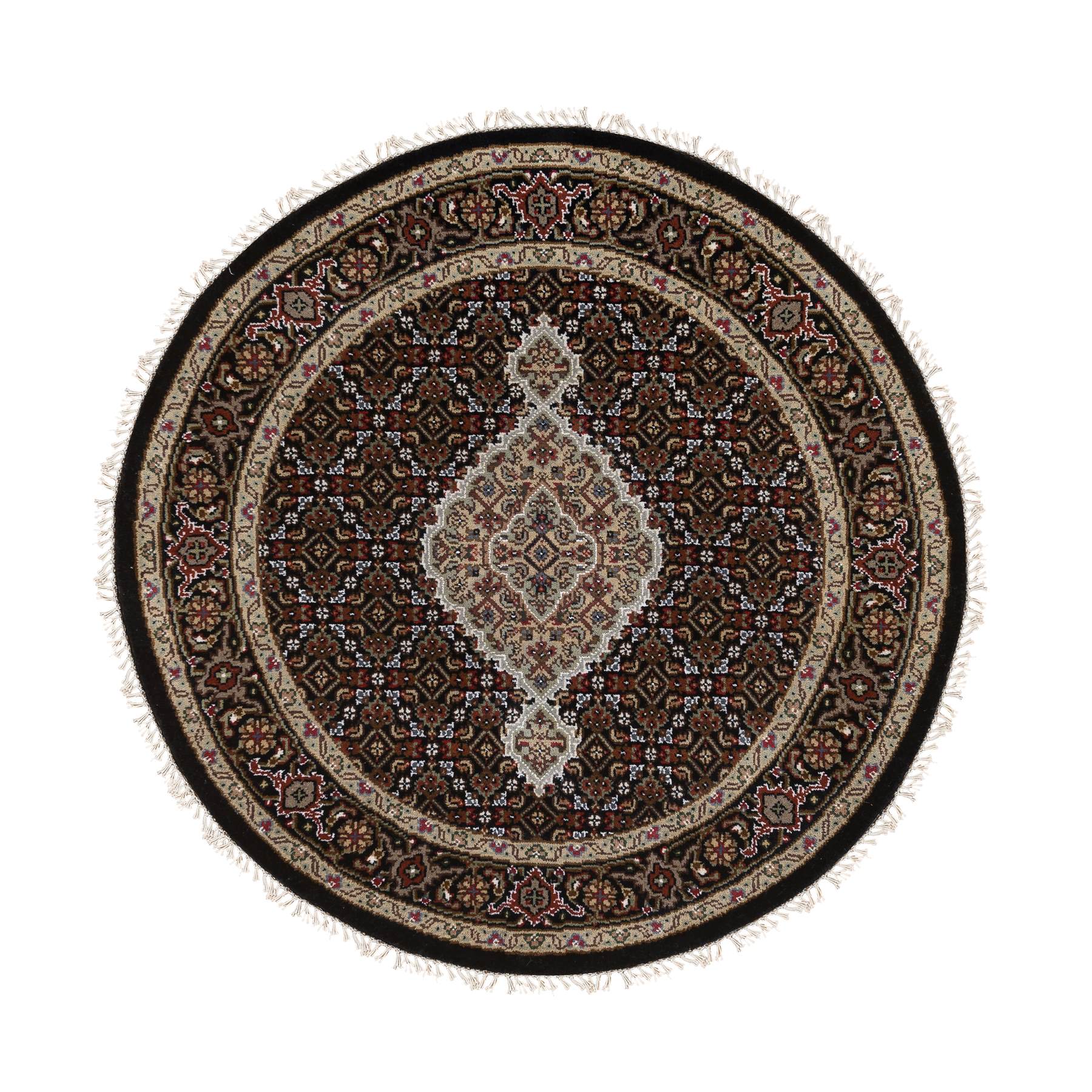 3'5"x3'5" Hand Woven Rich Black Tabriz Mahi with Fish Medallion Design Wool and Silk 175 KPSI Oriental Round Rug 