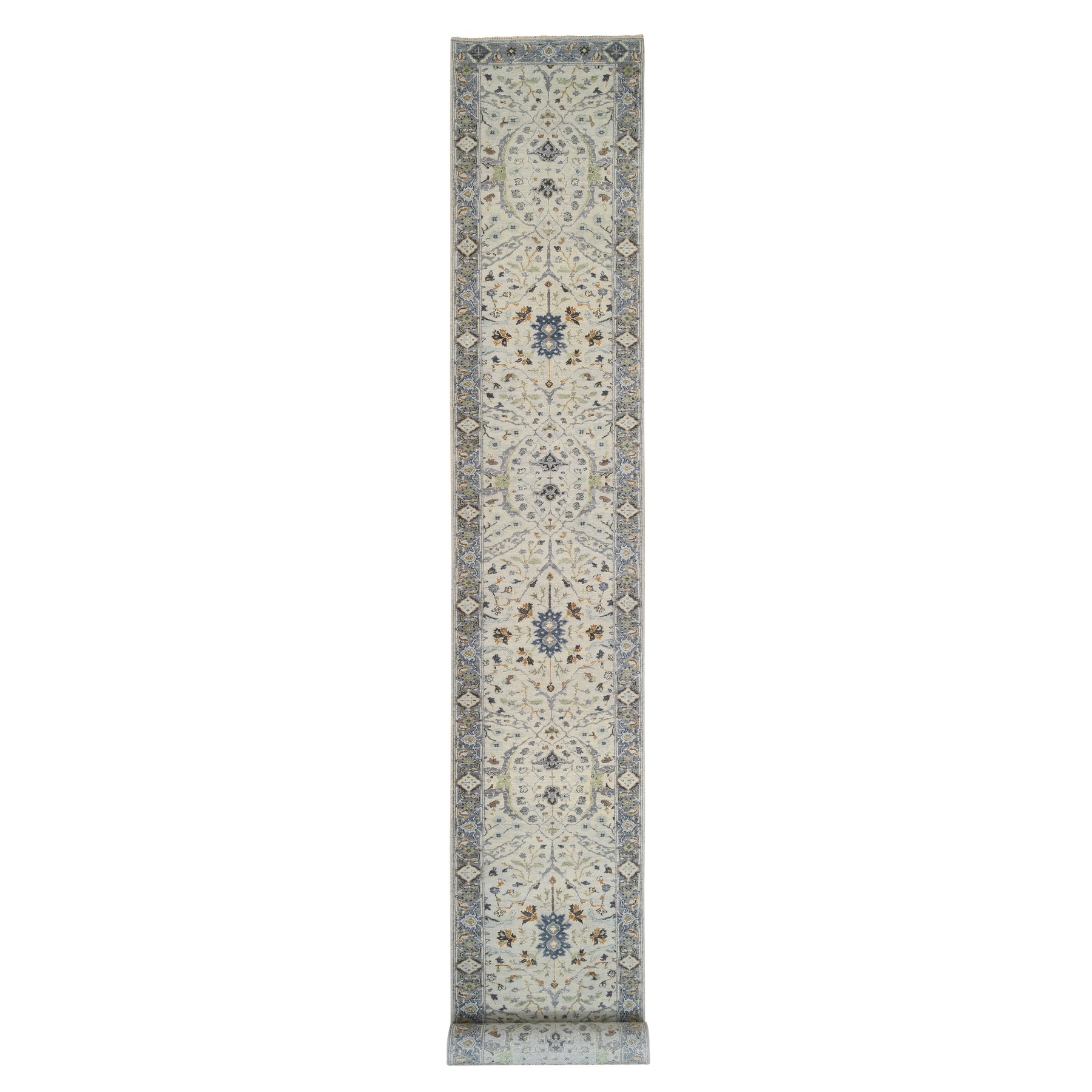 2'7"x22' Light Gray with Denser Weave Oushak, Floral Motifs, Hand Woven, Organic Wool Oriental XL Runner Rug 