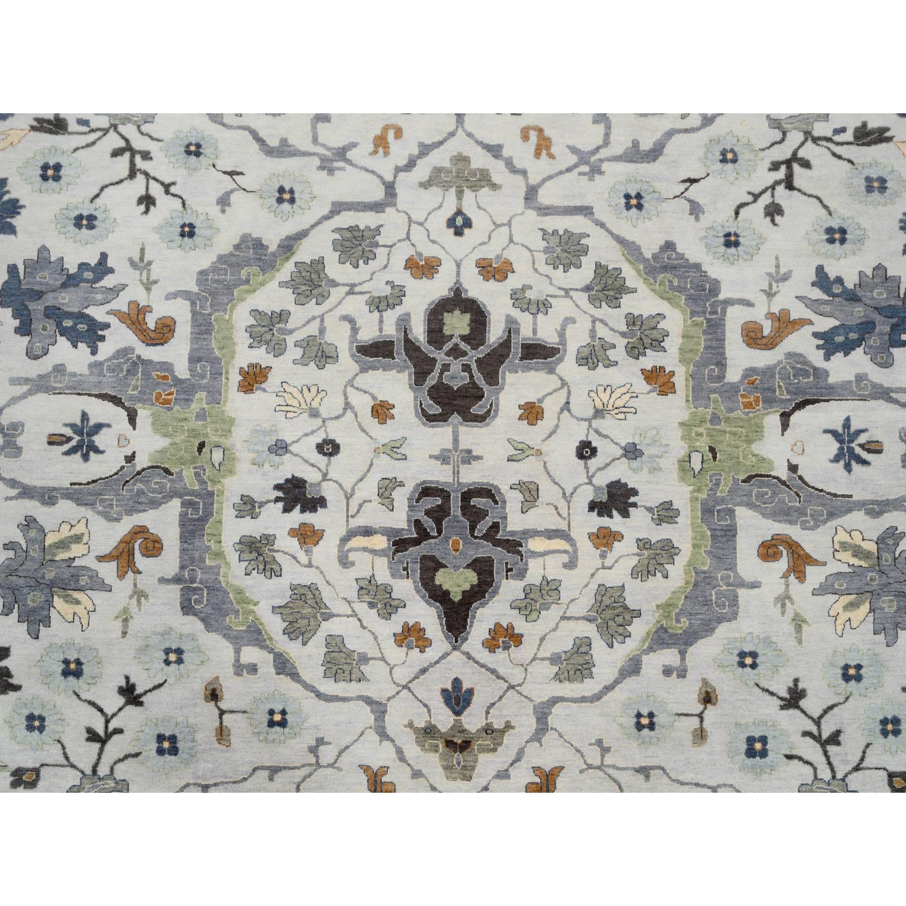 13'10"x13'10" Light Gray, Denser Weave Oushak with Floral Motifs Organic Wool Oriental, Hand Woven, Round Rug 