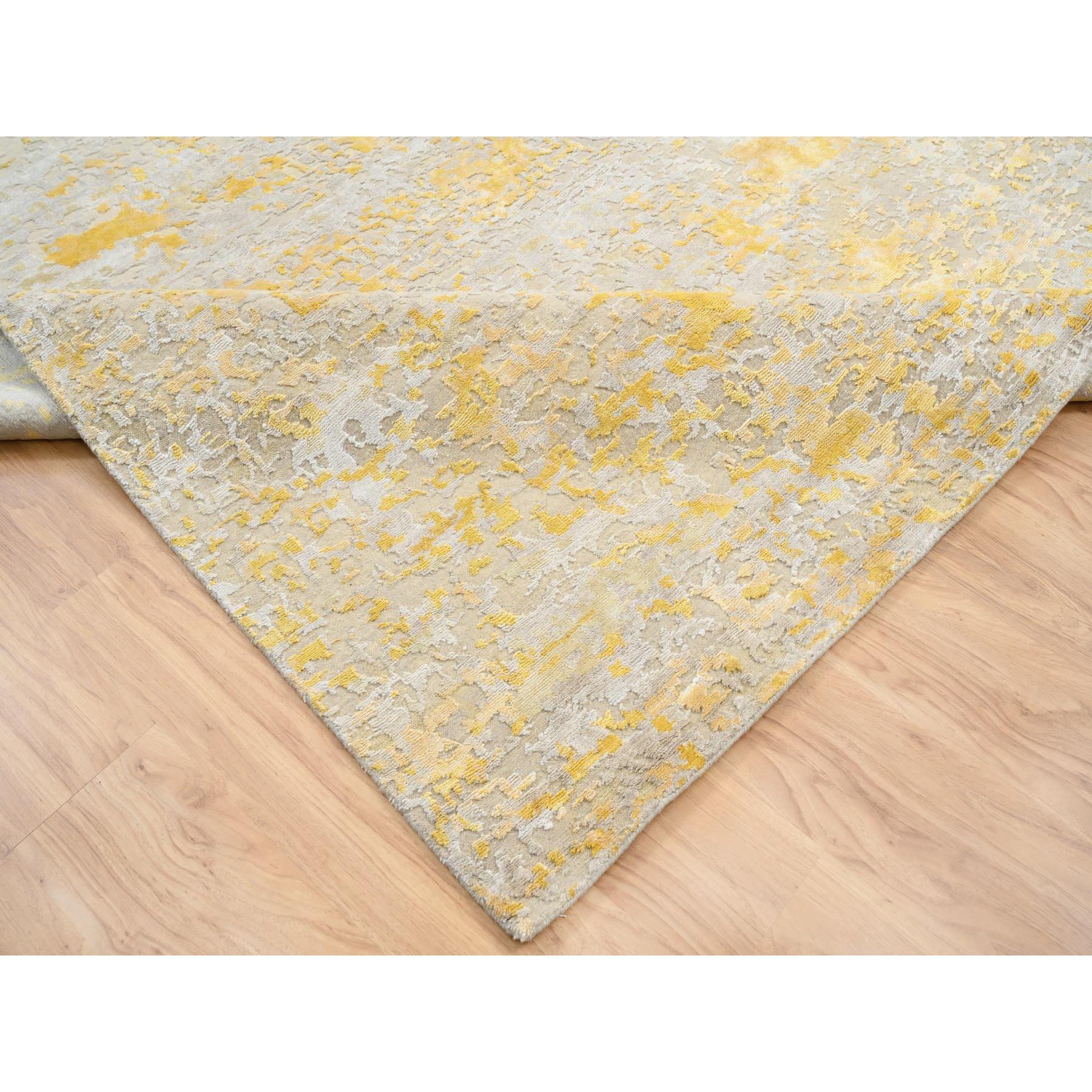 10'x13'8" Gold, Abstract Design, Hi-Low Pile, Wool and Silk, Hand Woven, Oriental Rug 