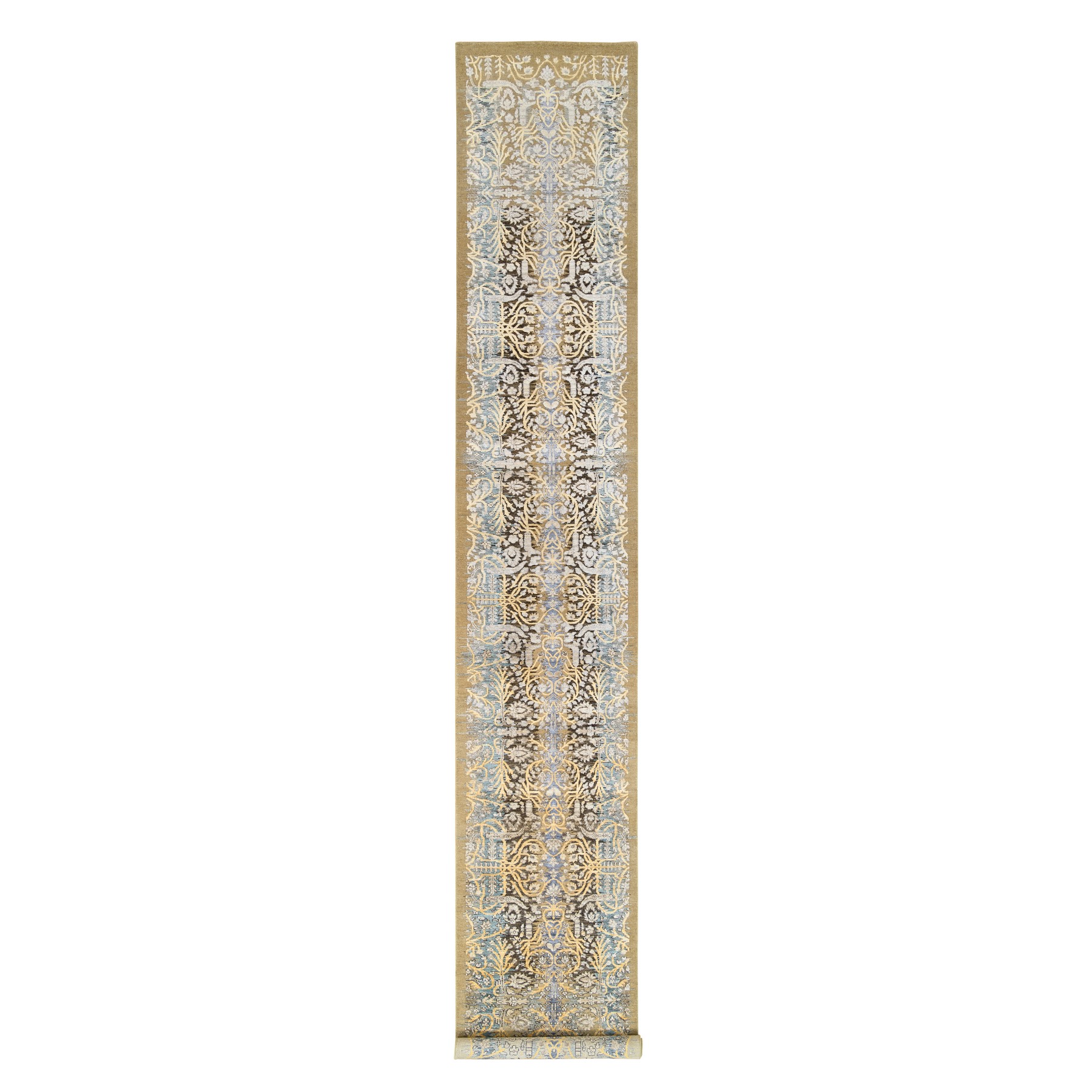 2'7"x15'10" Honey Brown, Silk With Textured Wool, Hand Woven, Transitional Sarouk, Oriental, XL Runner Rug 