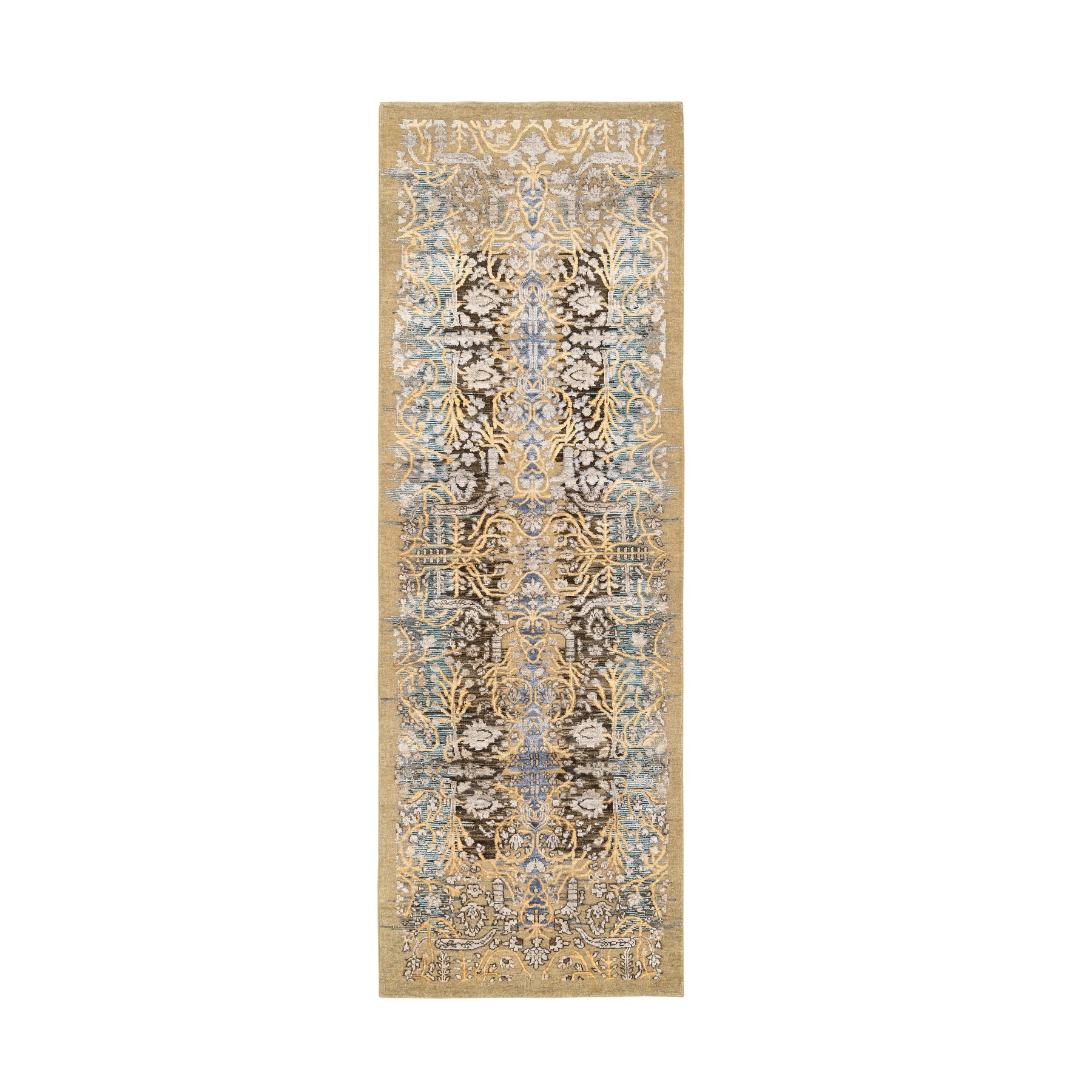 2'8"x8' Honey Brown, Silk With Textured Wool, Hand Woven, Transitional Sarouk, Oriental, Runner Rug 