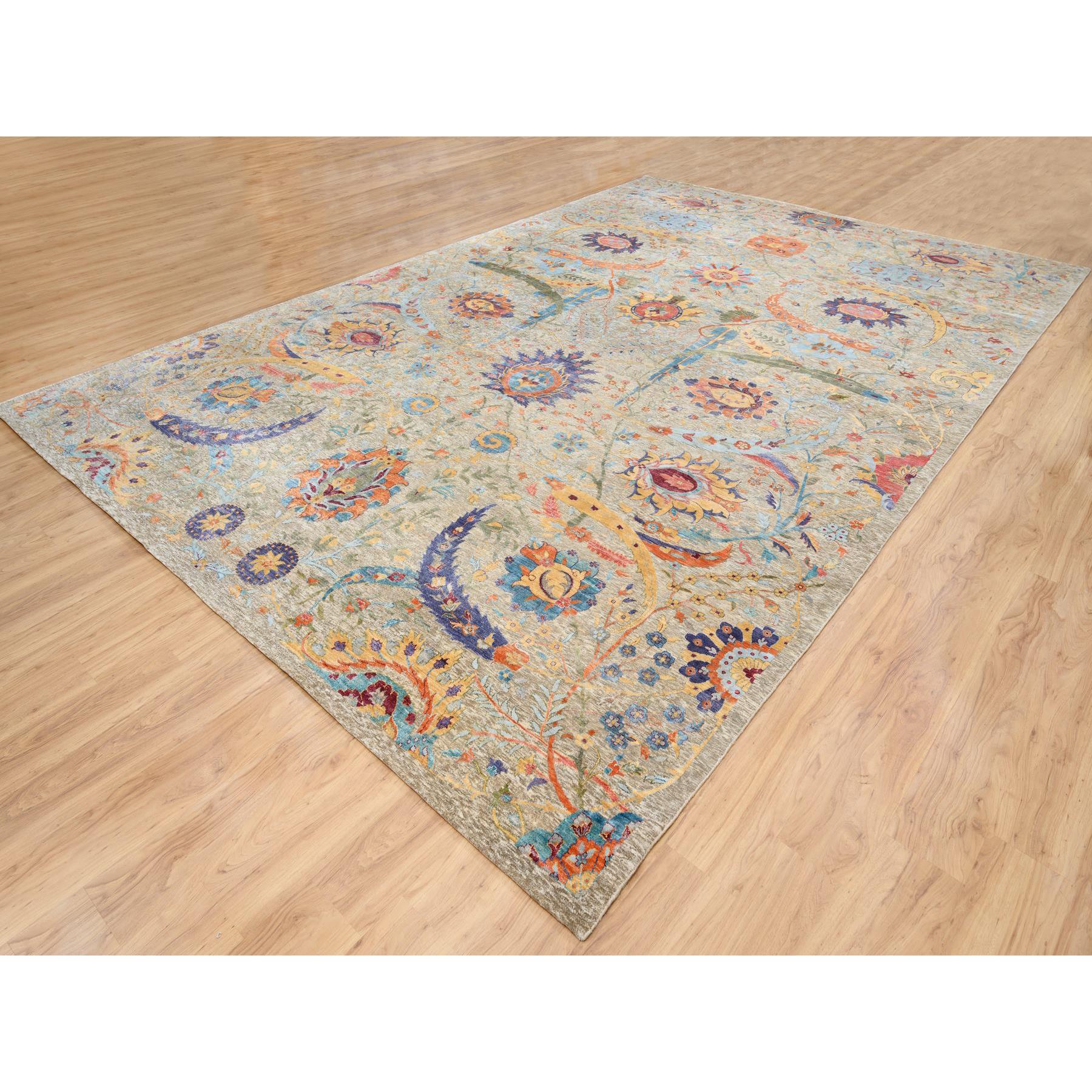 11'10"x18' Taupe, Sickle Leaf Design, Silk With Textured Wool, Hand Woven, Oriental, Oversized Rug 