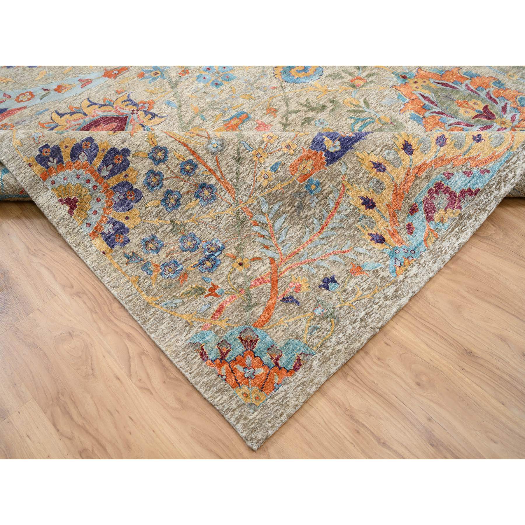11'10"x18' Taupe, Sickle Leaf Design, Silk With Textured Wool, Hand Woven, Oriental, Oversized Rug 