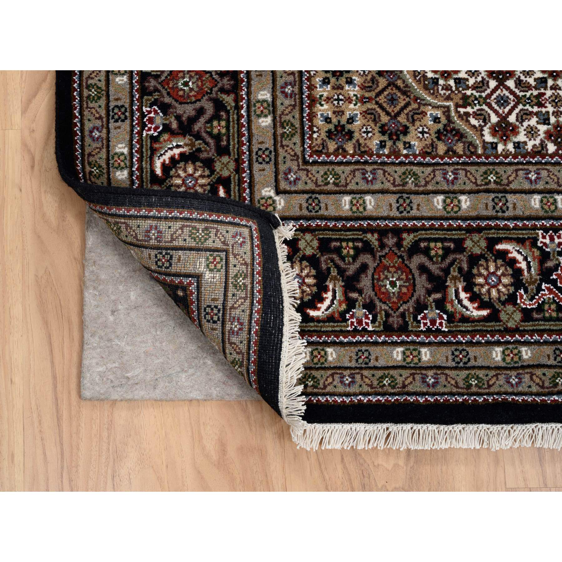 6'1"x18'1" Rich Black Tabriz Mahi with Fish Medallion Design, Wool and Silk, 175 KPSI, Hand Woven Oriental Wide Runner Rug 