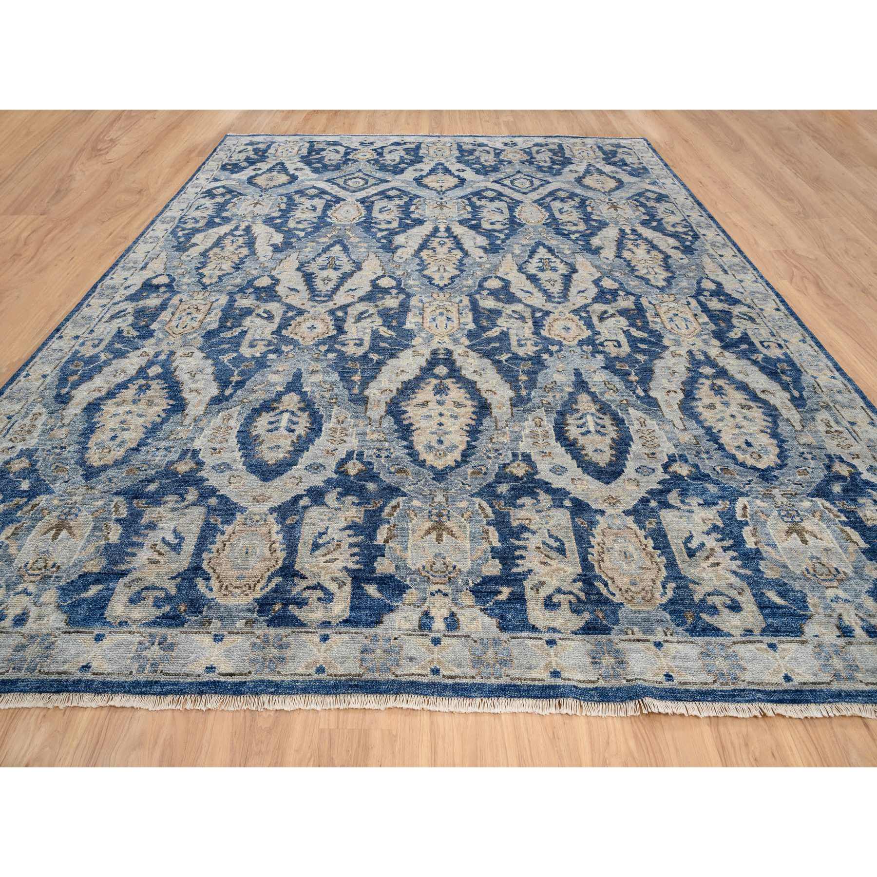 11'10"x14'9" Navy Blue, Hand Woven Oushak with a Serrated Reversed Leaf Design, Pure Wool Supple Collection, Oversized Oriental Rug 