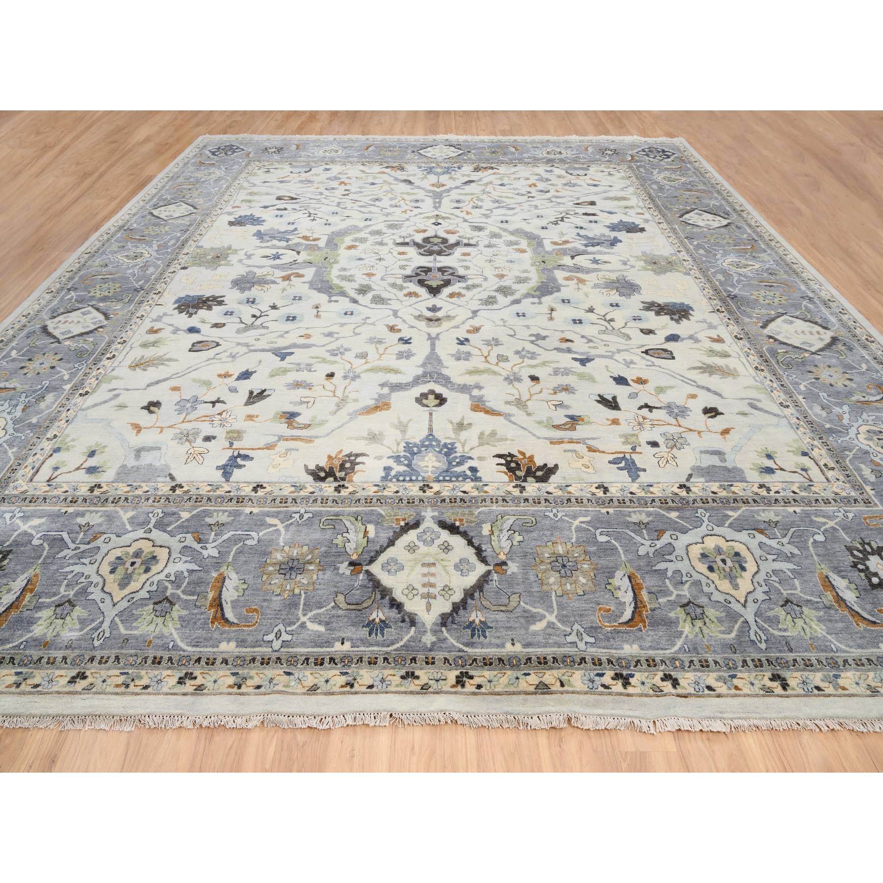 14'x15'9" Light Gray, Denser Weave Oushak with Floral Motifs, Pure Wool Hand Woven, Extra Wide, Oversized Oriental Rug 
