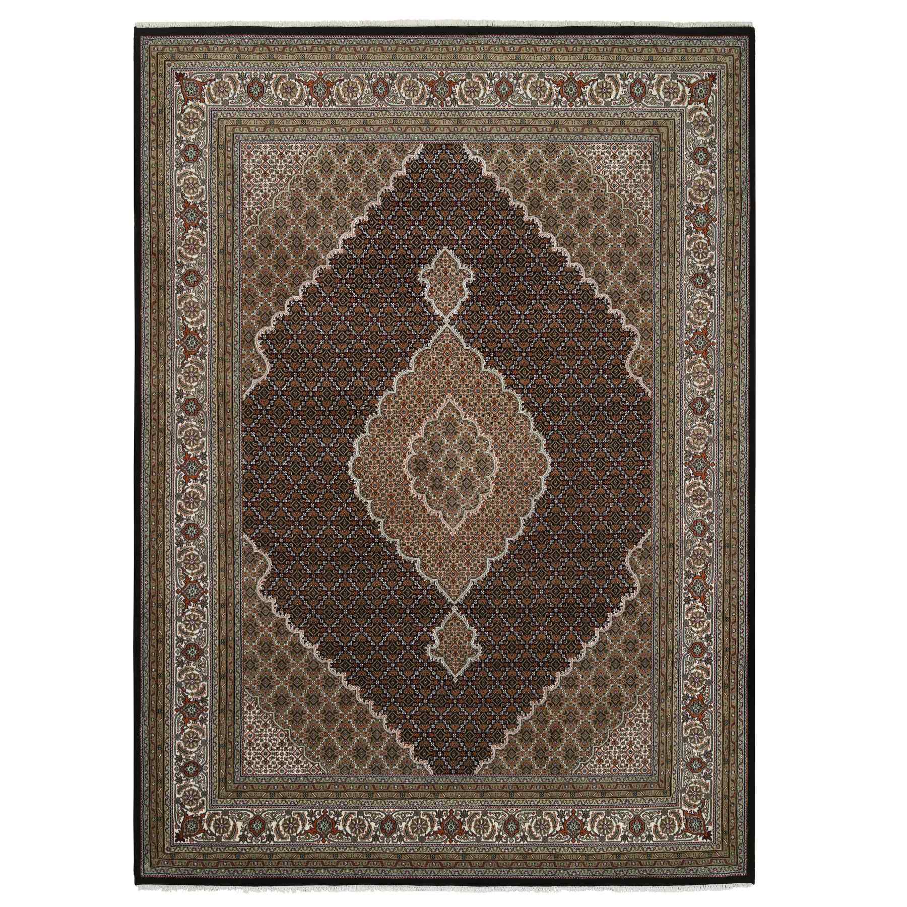 8'7"x12'1" Rich Black, Tabriz Mahi with Fish Medallion Design, 250 KPSI Wool and Silk Hand Woven, Oriental Rug 