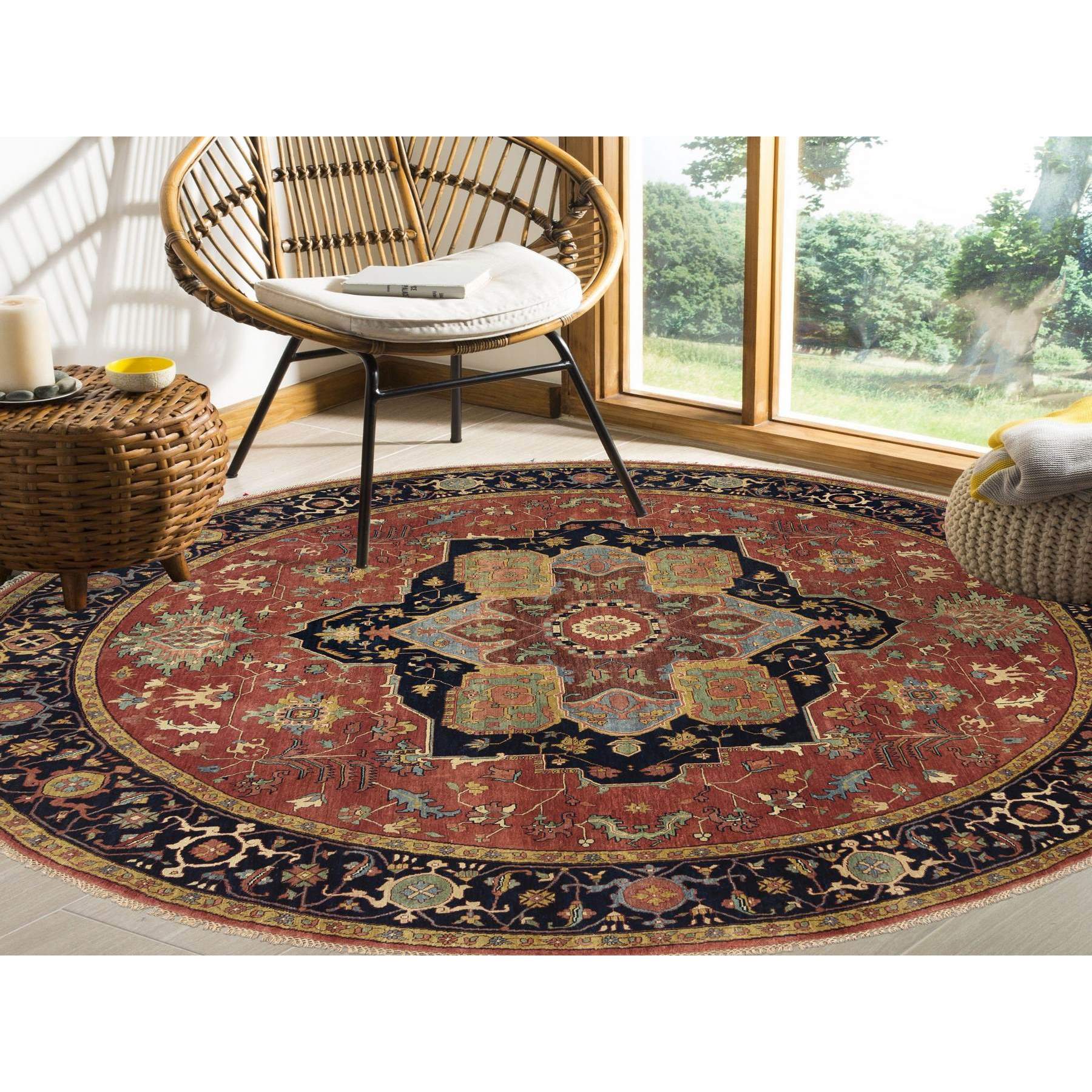 10'x10' Terracotta Red, Natural Dyes Hand Spun Wool Hand Woven, Antiqued Fine Heriz Re-Creation Densely Woven, Round Oriental Rug 