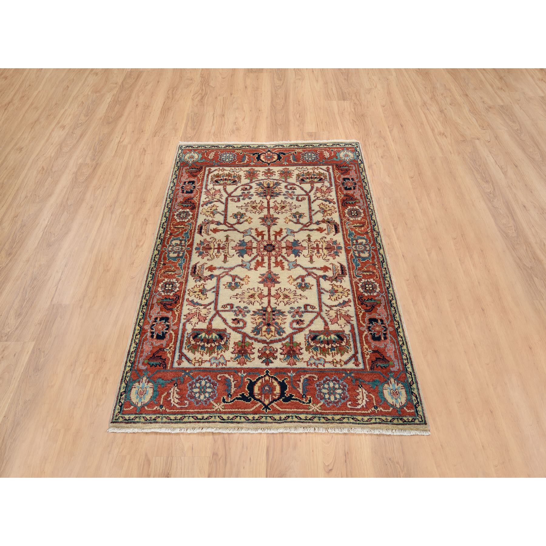 3'10"x6' Yellow, Thick and Plush Pure Wool Hand Woven, Heriz Revival with Medallion Design, Oriental Rug 